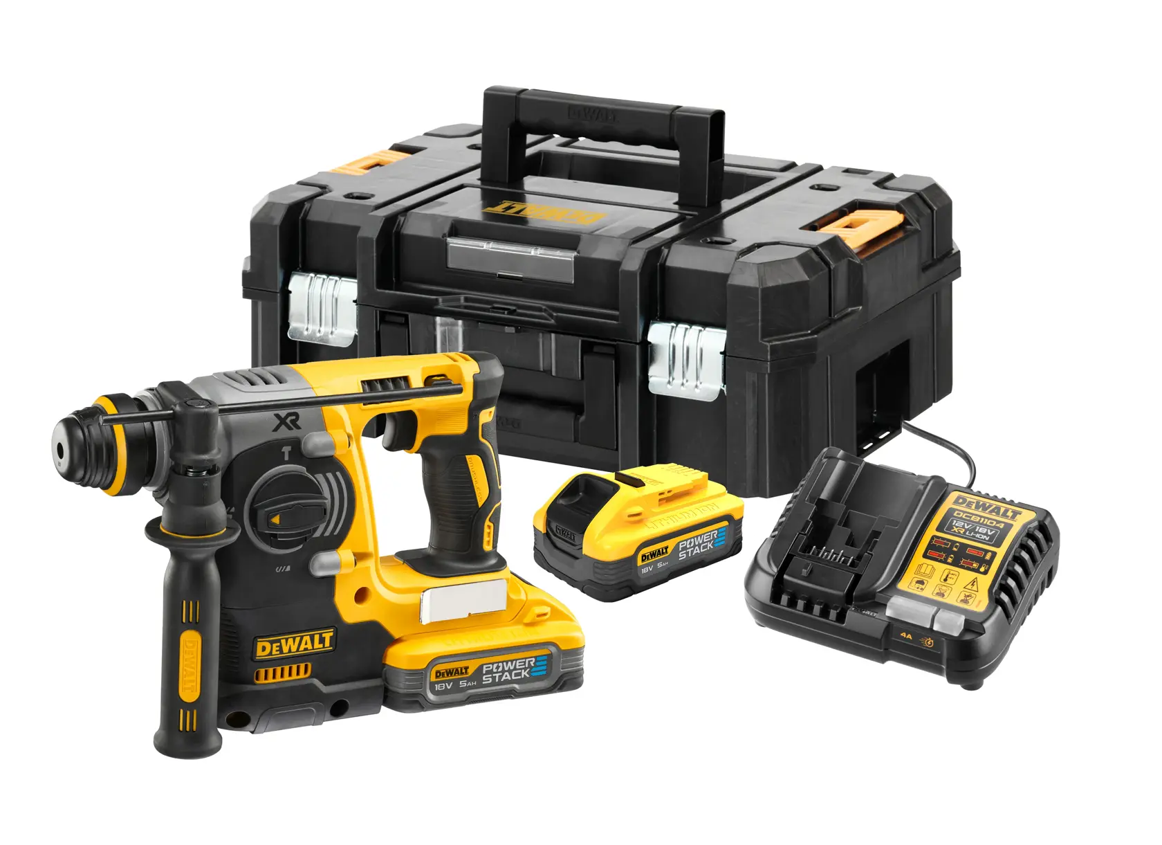 Kit de martillo rotativo inalámbrico DEWALT, que incluye un martillo rotativo amarillo y negro, dos baterías, un cargador y un resistente estuche negro.