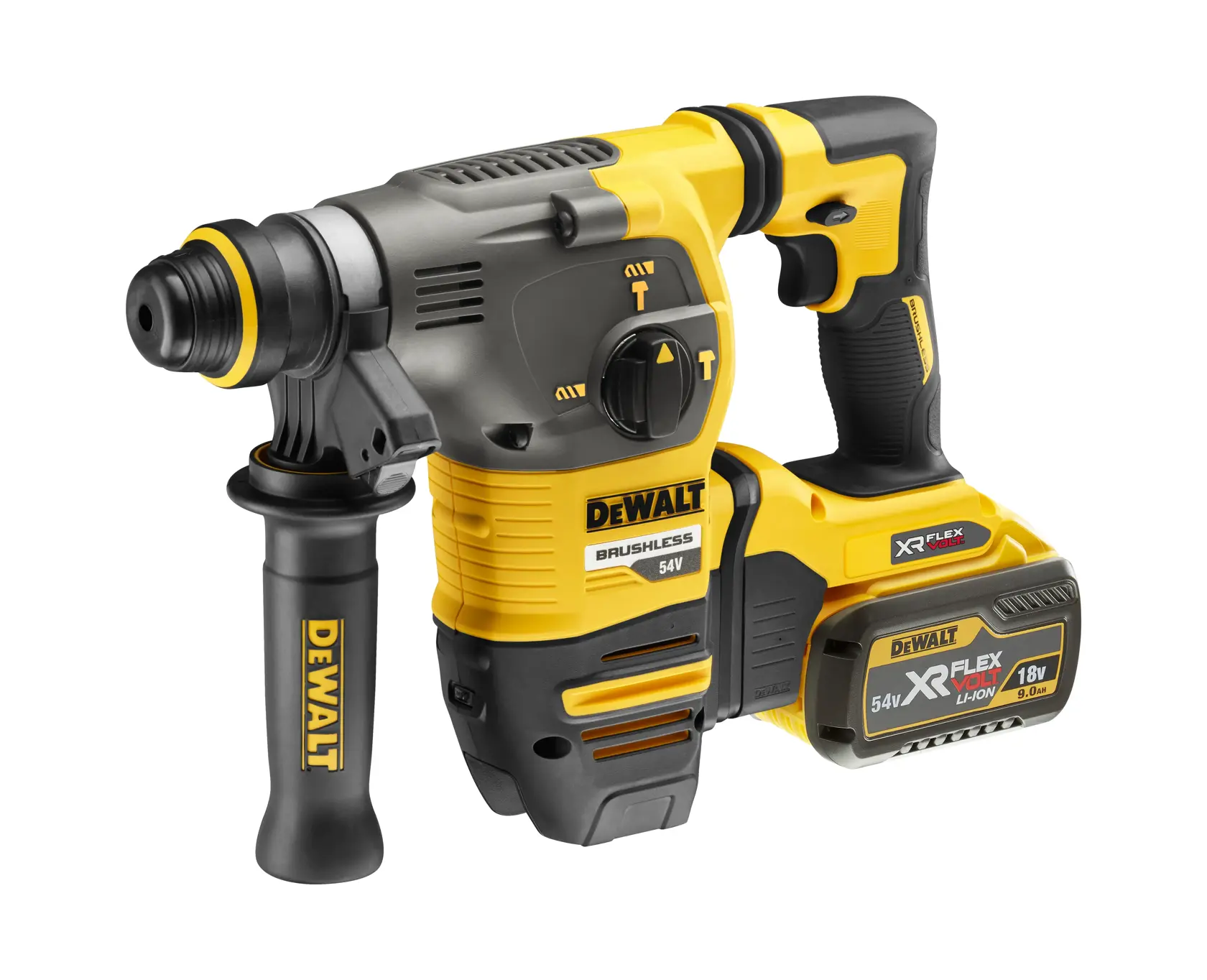 Martillo rotativo DEWALT inalámbrico con mango lateral y batería XR FLEXVOLT 54V, diseño amarillo y negro.