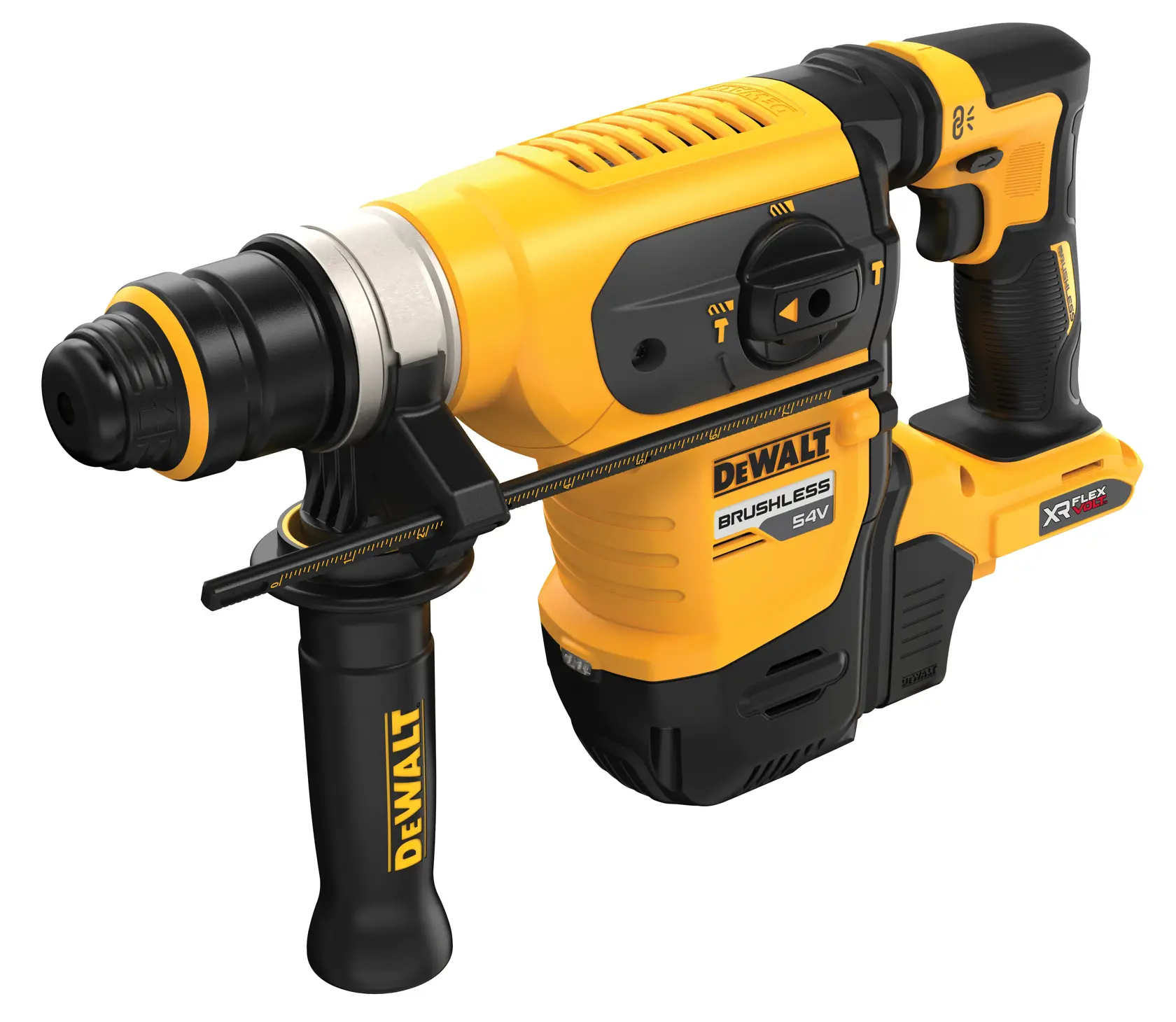 Martillo rotativo DEWALT 54V amarillo y negro, inalámbrico, con mango lateral y motor brushless.