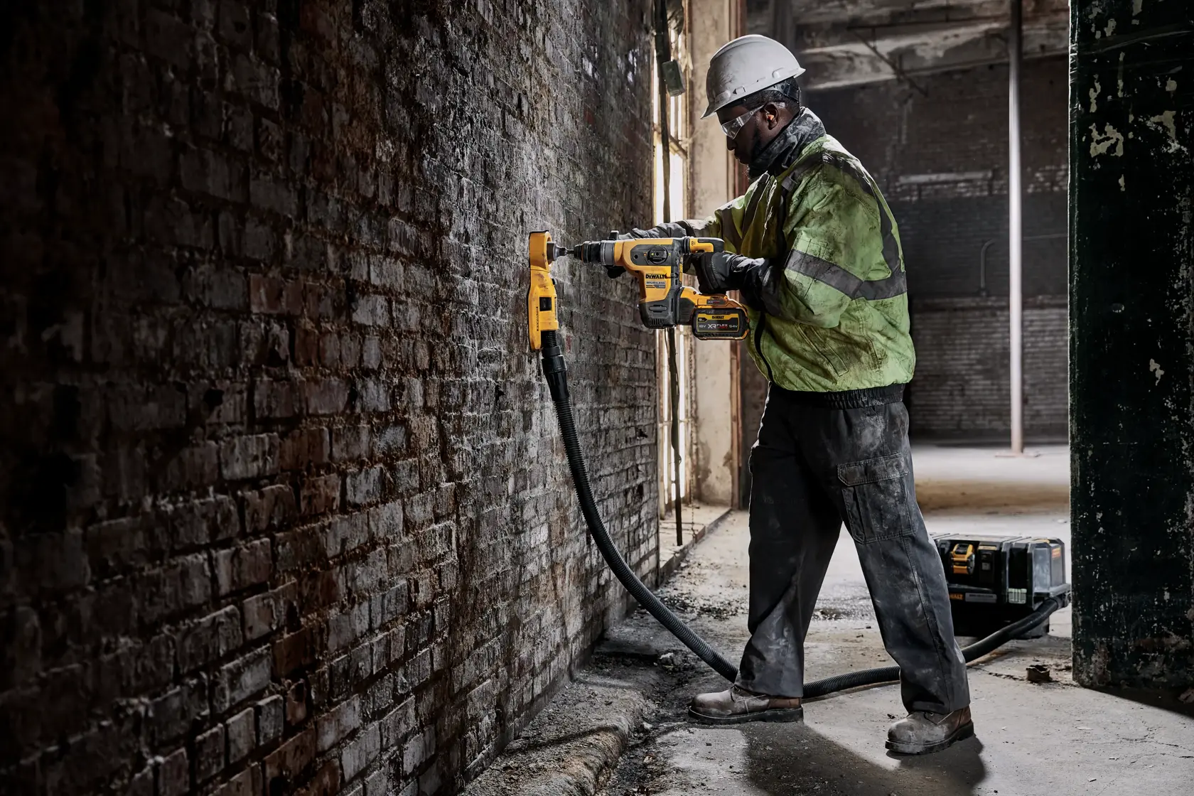 Trabajador usa martillo rotativo DEWALT en muro de ladrillos, manguera conectada para controlar el polvo.