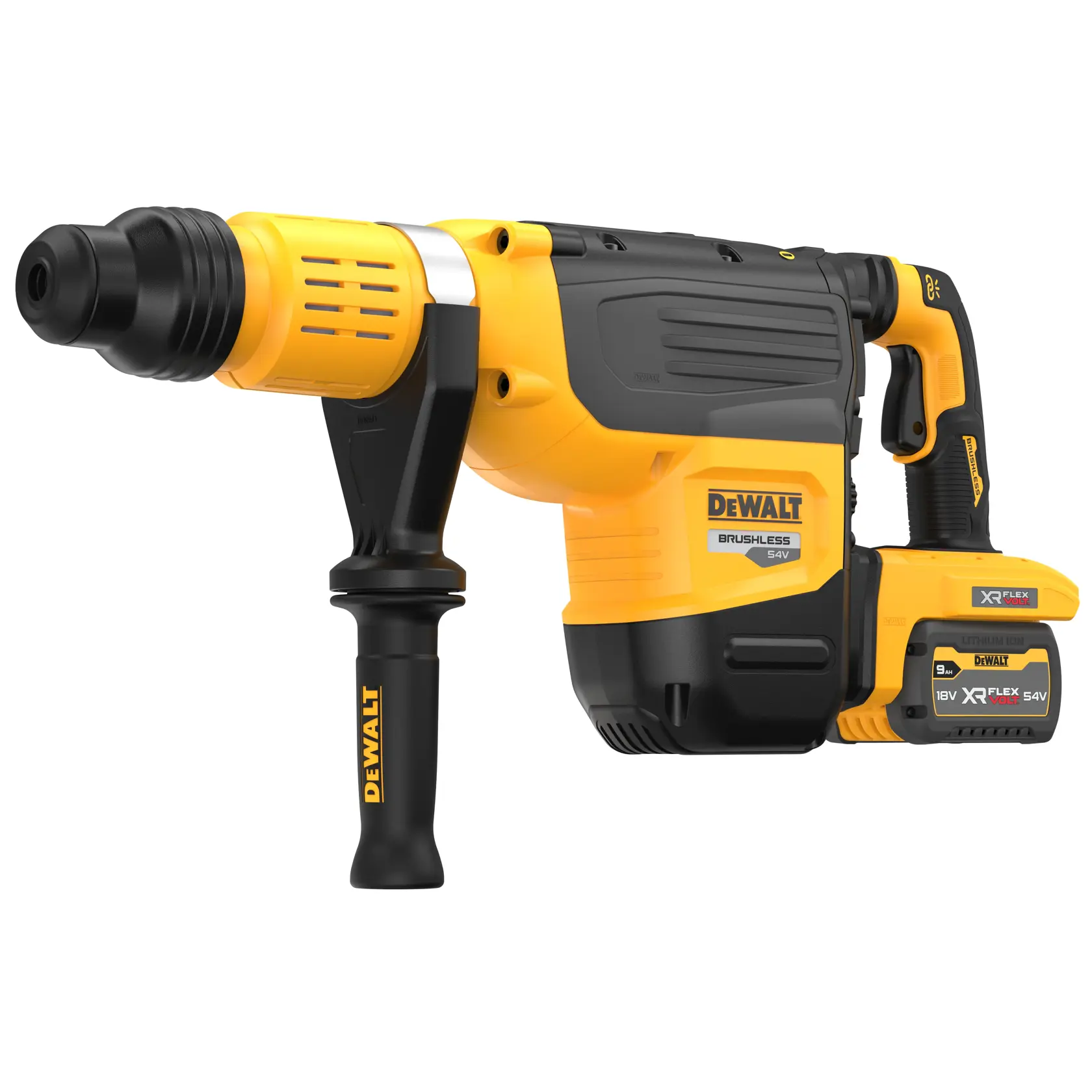 Un martillo rotativo inalámbrico sin escobillas DEWALT amarillo y negro, modelo DCH775X2, con batería de iones de litio XR FLEXVOLT y mango lateral.