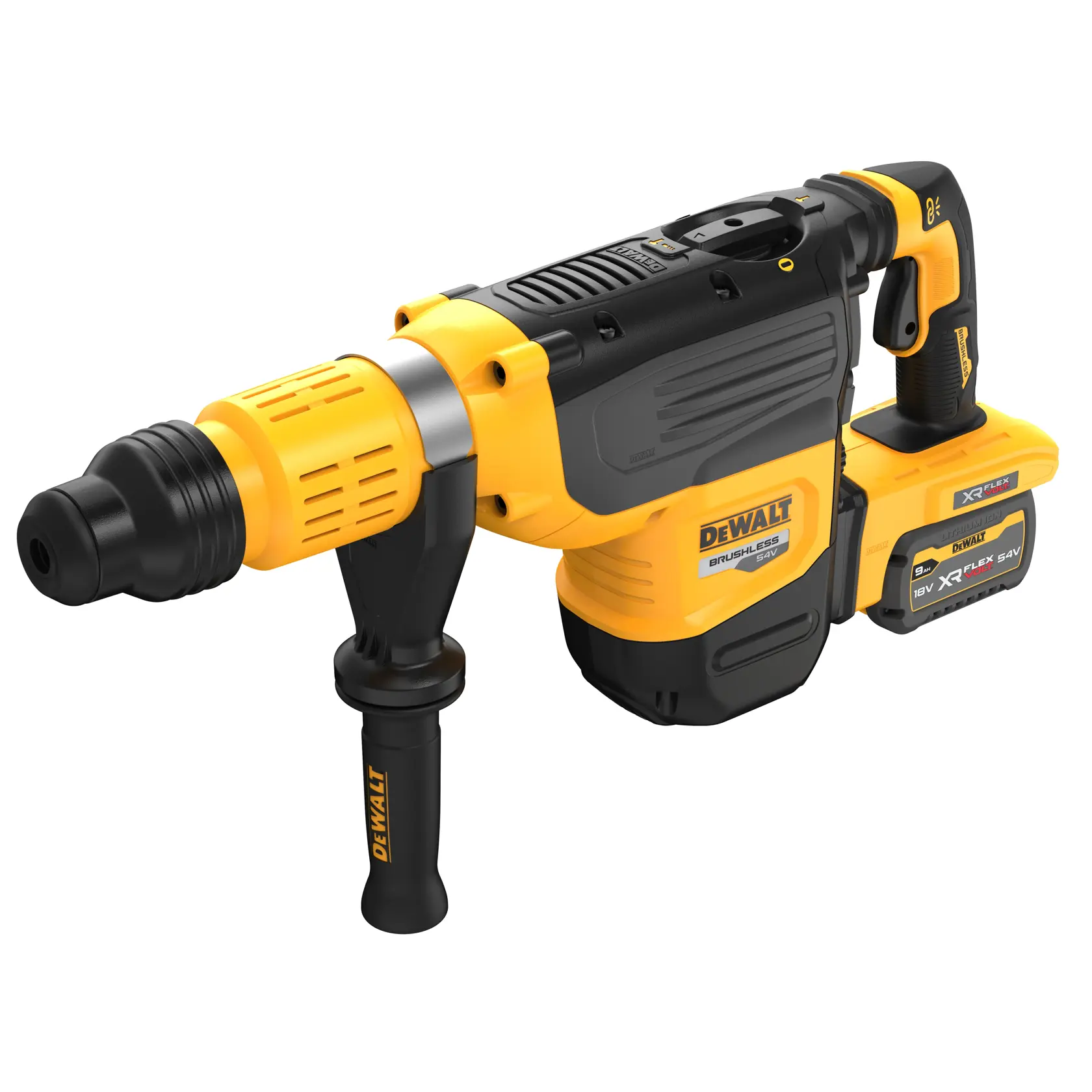 Un martillo rotativo inalámbrico DEWALT con diseño amarillo y negro, que incluye un mango lateral y una batería XR FLEXVOLT de 54V.