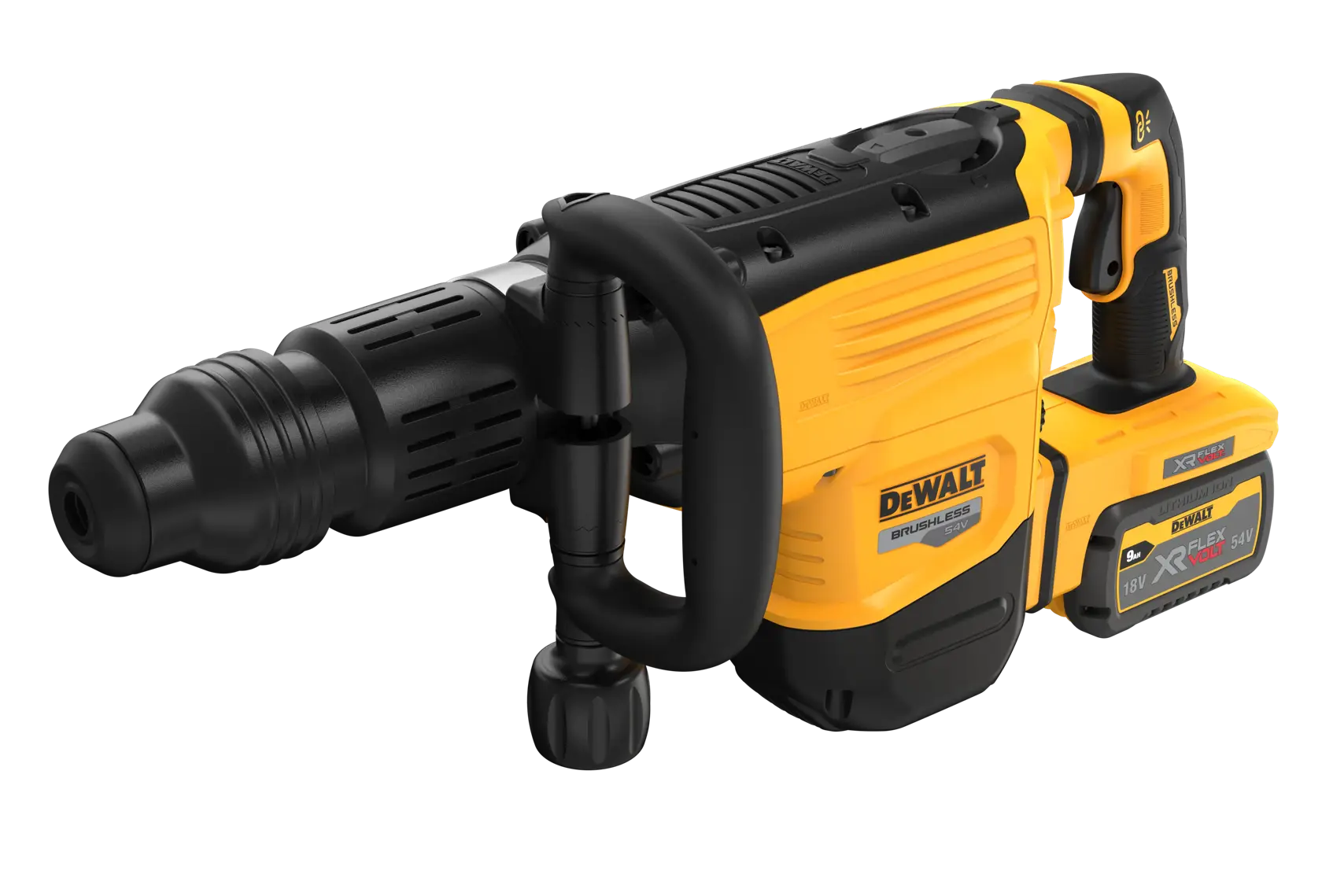DEWALT cordless rotary hammer drill with handle and battery, shown in yellow and black color.