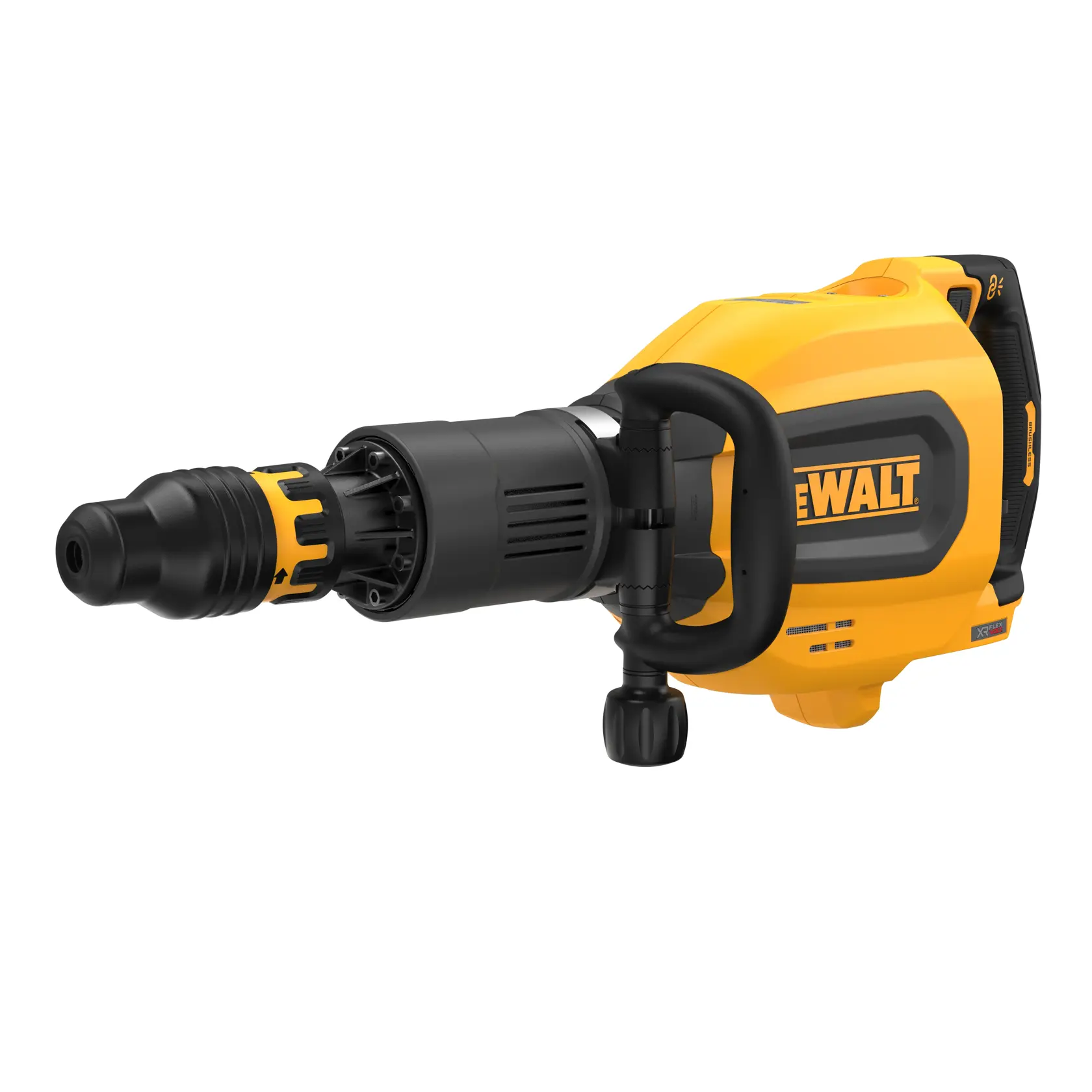 Martillo rotativo inalámbrico DEWALT, amarillo y negro, con mango y broca visibles lateralmente.