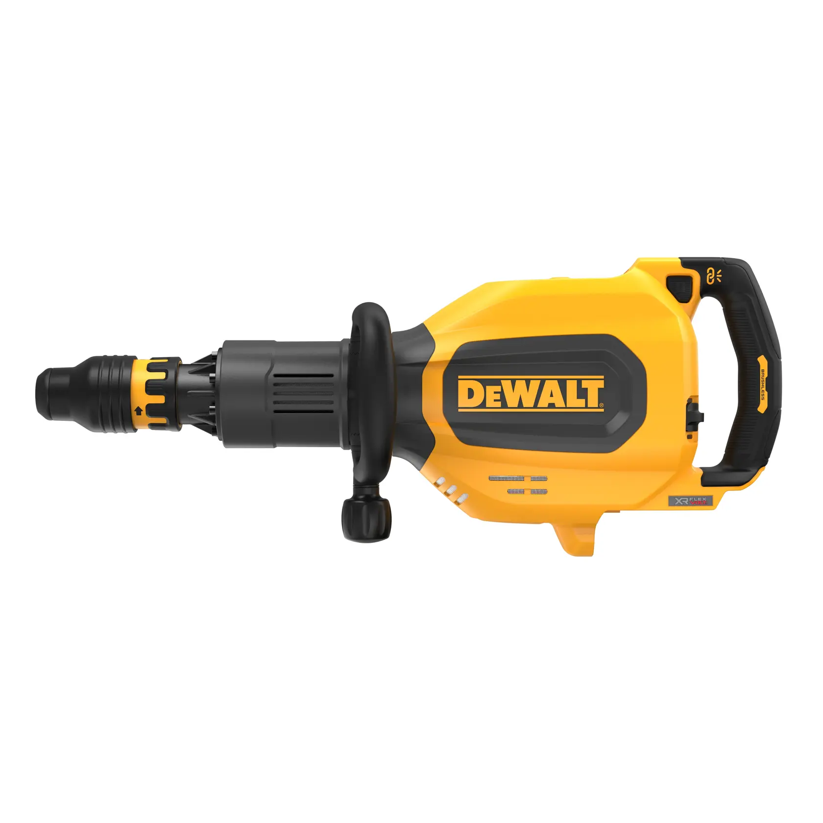 Martillo demoledor inalámbrico amarillo DEWALT DCH911NK con mango, sobre fondo blanco.