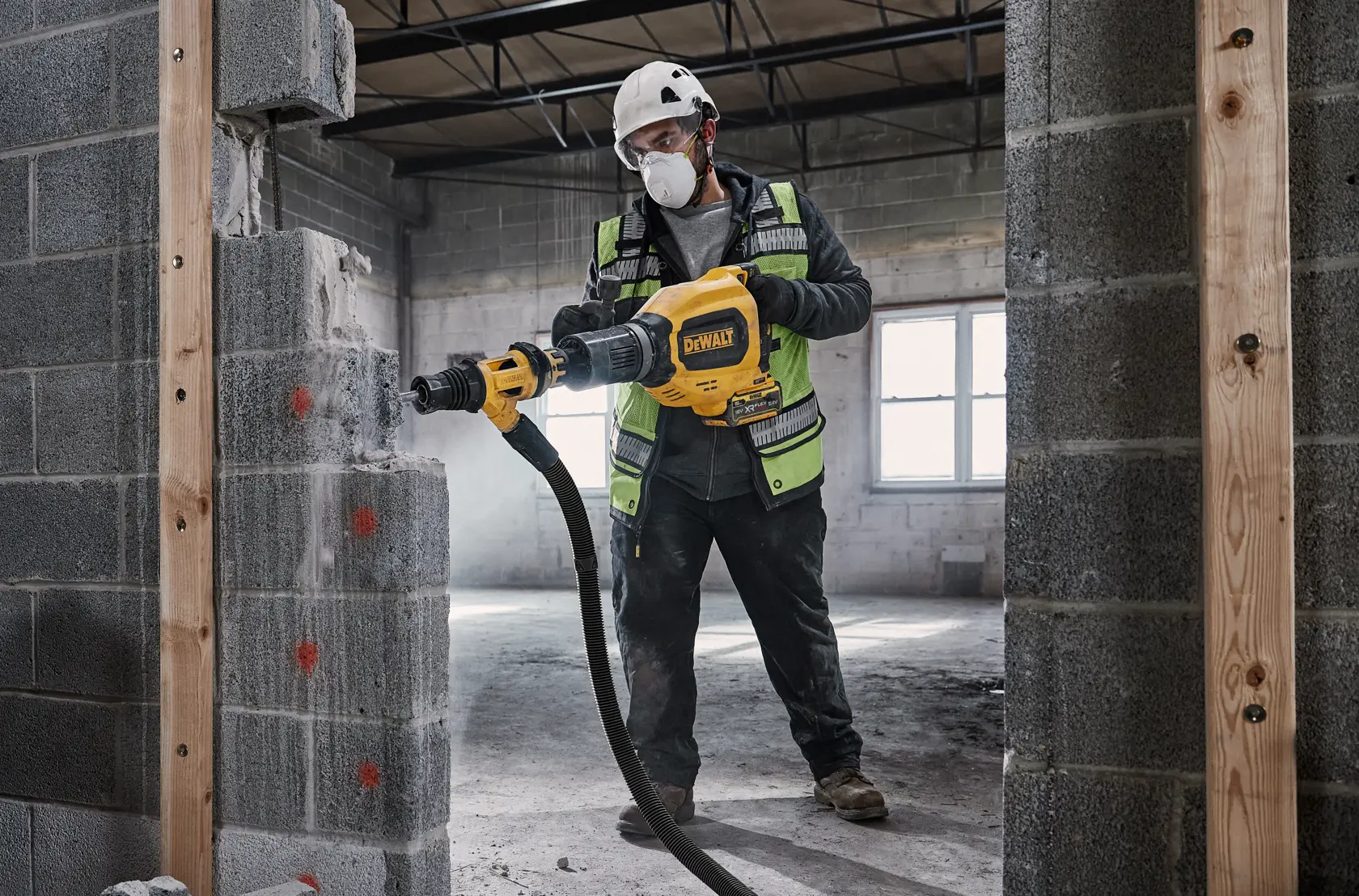Trabajador perfora muro de concreto con DEWALT DCH911NK en una obra.