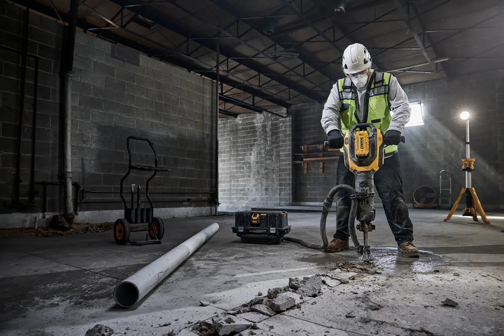 Trabajador usa DEWALT DCH966Z2, DCH966Z2-XE en suelo de cemento. Categoría: fotografía.