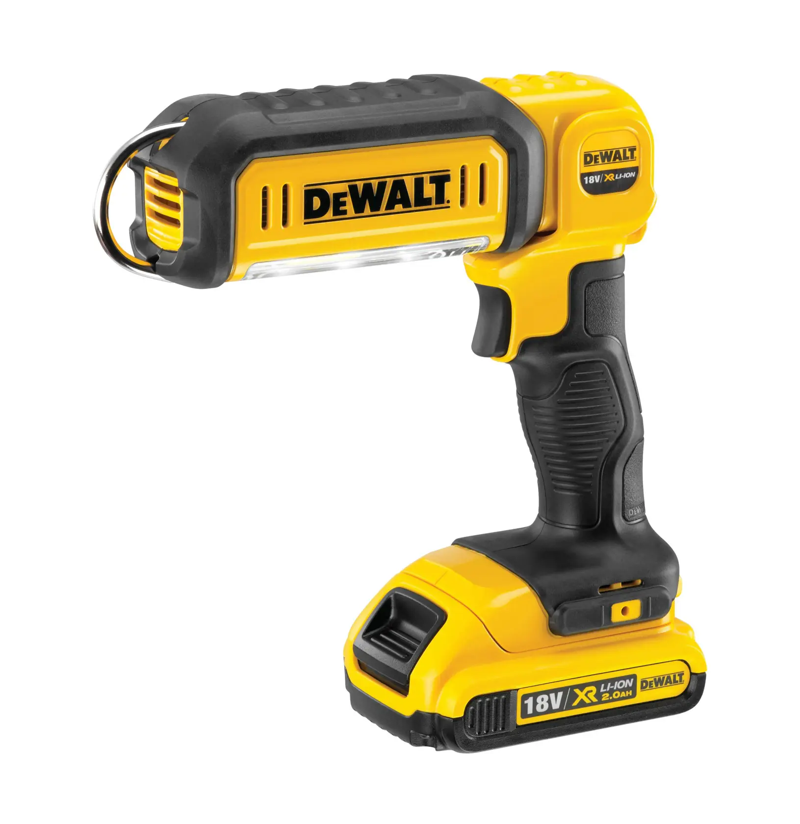 A person is kneeling and working on an open electrical unit, using tools. On the floor is a DEWALT DCL050 portable LED work light, illuminating the workspace.