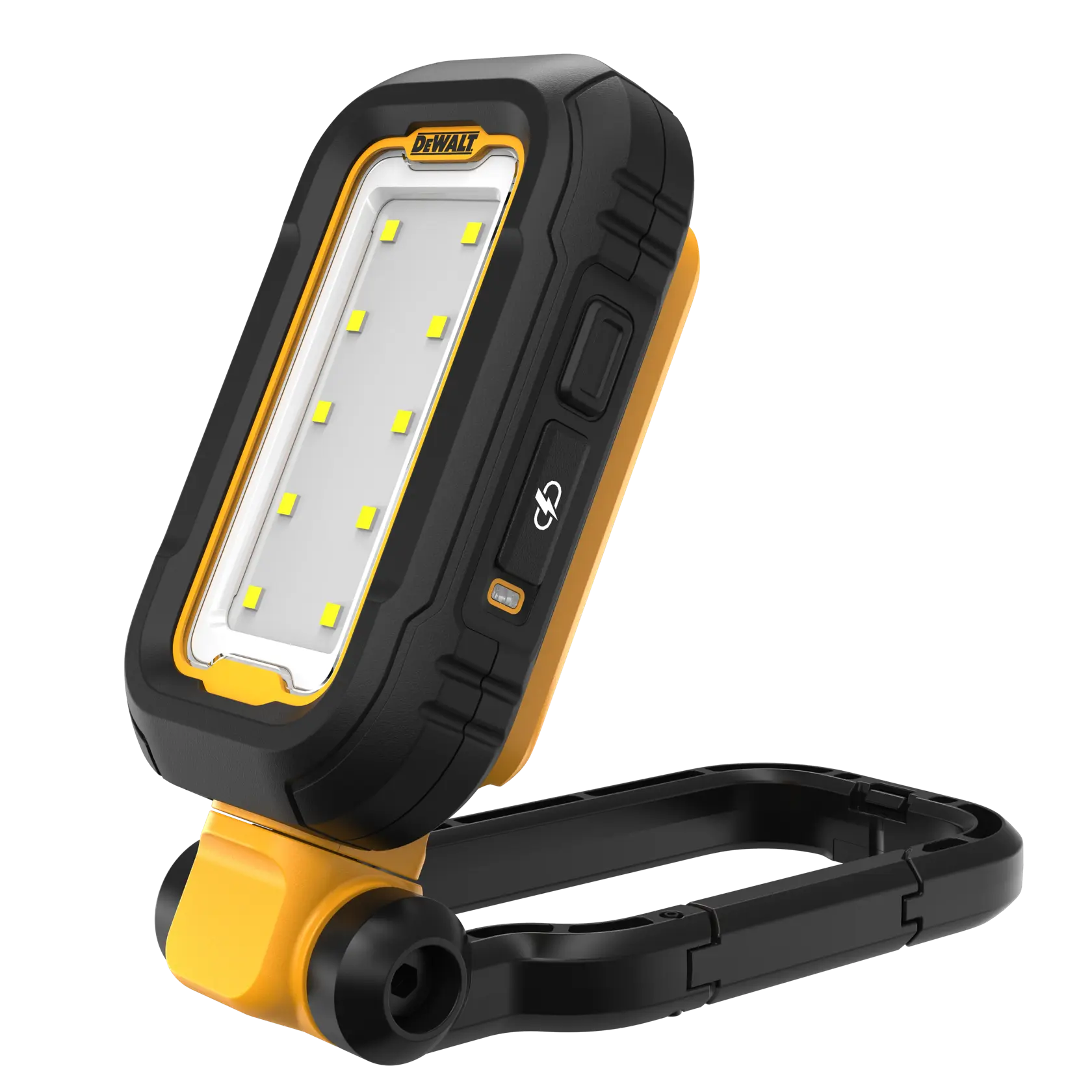 DEWALT DCL182 bærbar LED arbeidslampe med robust svart og gul innkapsling, justerbart stativ og flere LED-pærer, vist mot hvit bakgrunn.