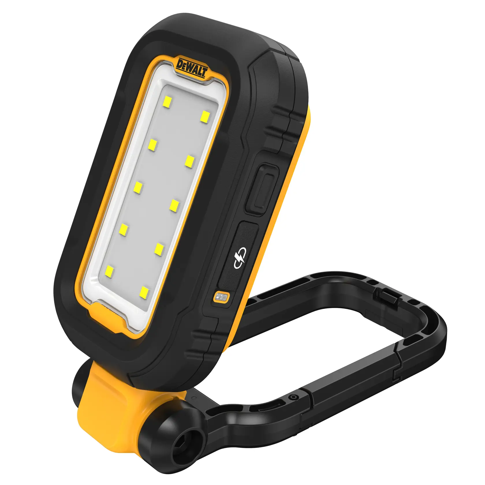 En DEWALT bærbar LED arbeidslampe med svart og gul innfatning, rektangulært lysfelt med flere LED-dioder og sammenleggbart stativ.