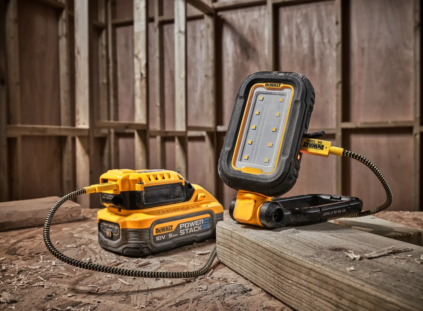 Side view of a DEWALT DCL182 portable work light with a foldable stand, featuring a yellow and black rugged exterior.
