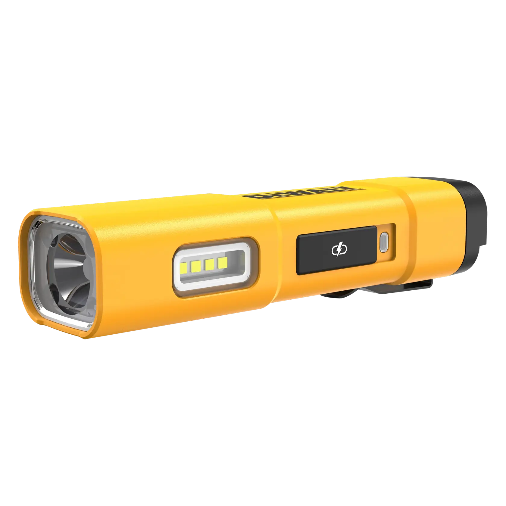 DEWALT DCL183 gul oppladbar LED-lommelykt med rektangulær form, side LED-lysrekke og en strømbryter.