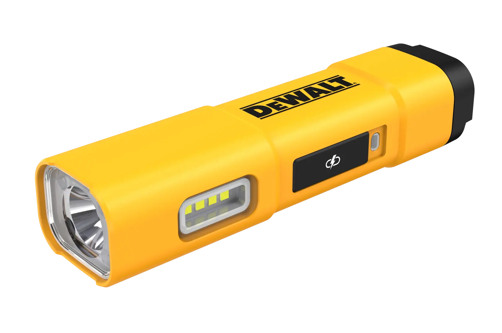 Gul DEWALT DCL183 oppladbar LED-lommelykt med rektangulært hus, side-LED-panel og strømbryter.