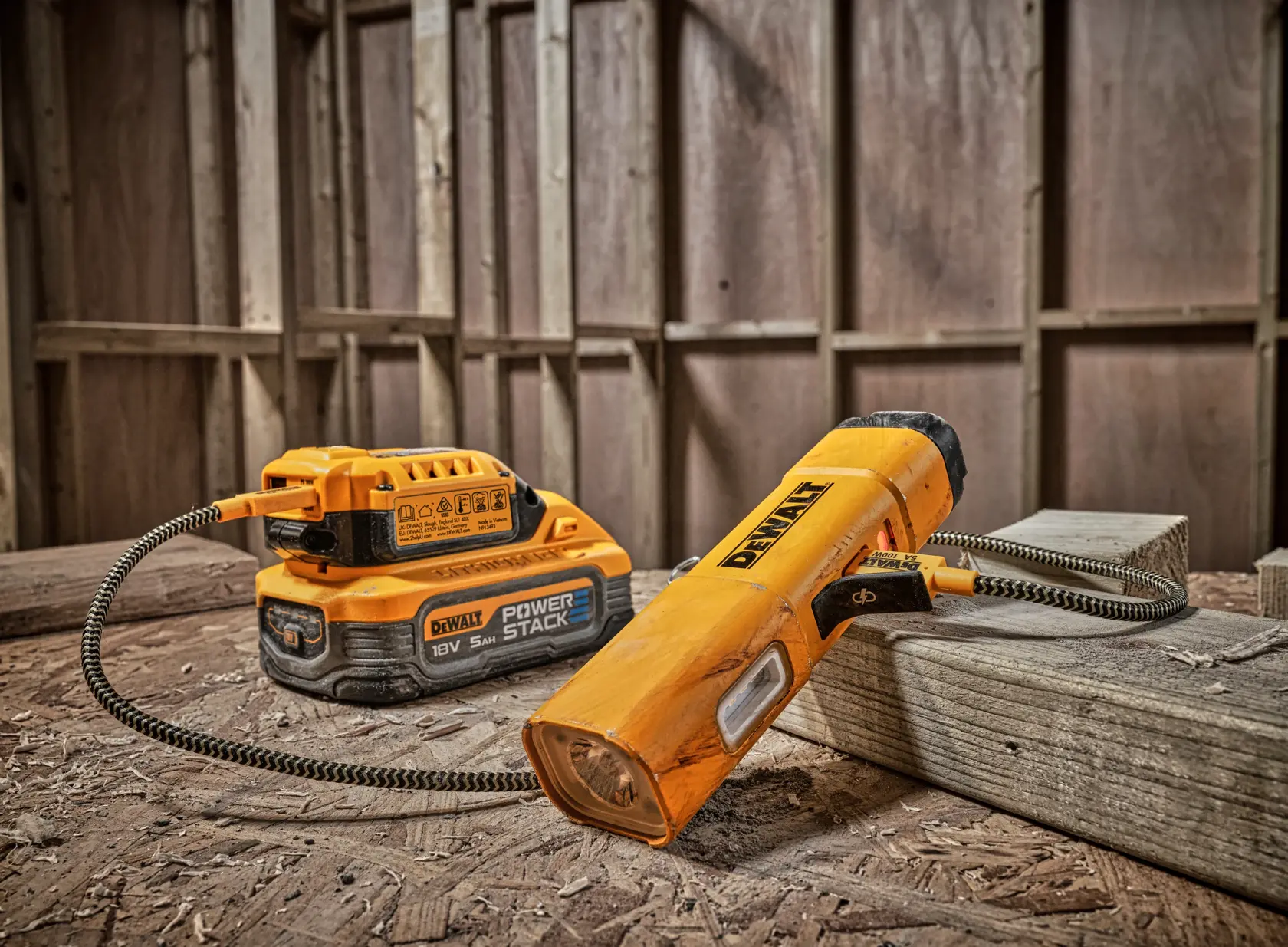 A DEWALT DCL183 yellow LED rechargeable flashlight with a rectangular shape, featuring a side array of LED lights and a power button.