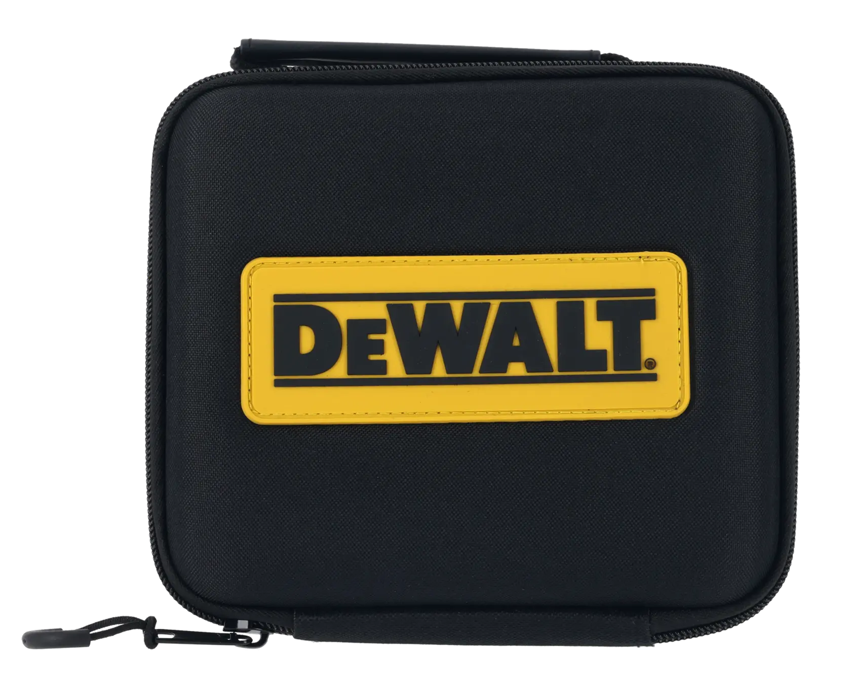 DEWALT laser level kit including a black and yellow laser level device, a sturdy carrying case with handle and DEWALT logo, a yellow USB-C charging cable, and a metal ruler.