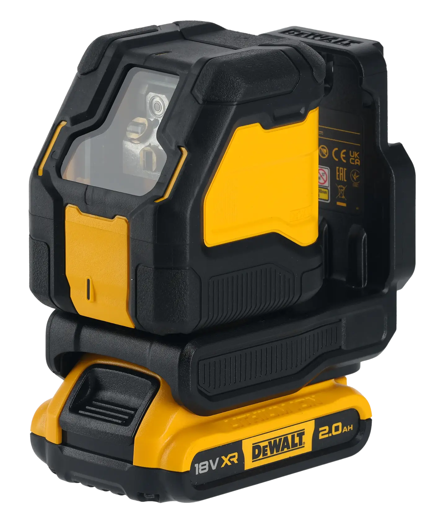 Herramienta fotográfica DEWALT, DCLE34021D1 y DCLE34021D1-QW SKUs, dispositivo compacto negro y amarillo.