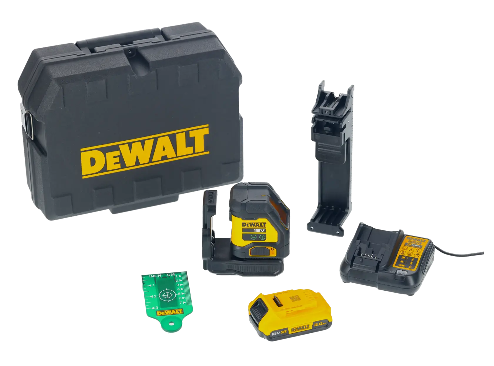 Kit de nivel láser DEWALT que incluye un estuche rígido negro con el logo amarillo de DEWALT, un dispositivo de nivel láser amarillo y negro, un soporte de montaje, una placa objetivo verde, una batería recargable y un cargador de batería.