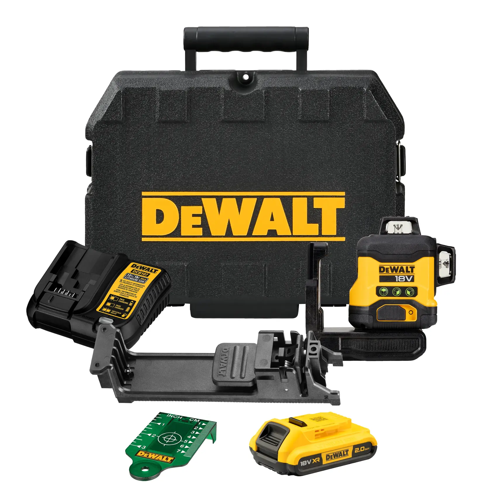 Kit de nivel láser DEWALT 18V con maletín rígido, cargador, batería, soporte y placa verde.