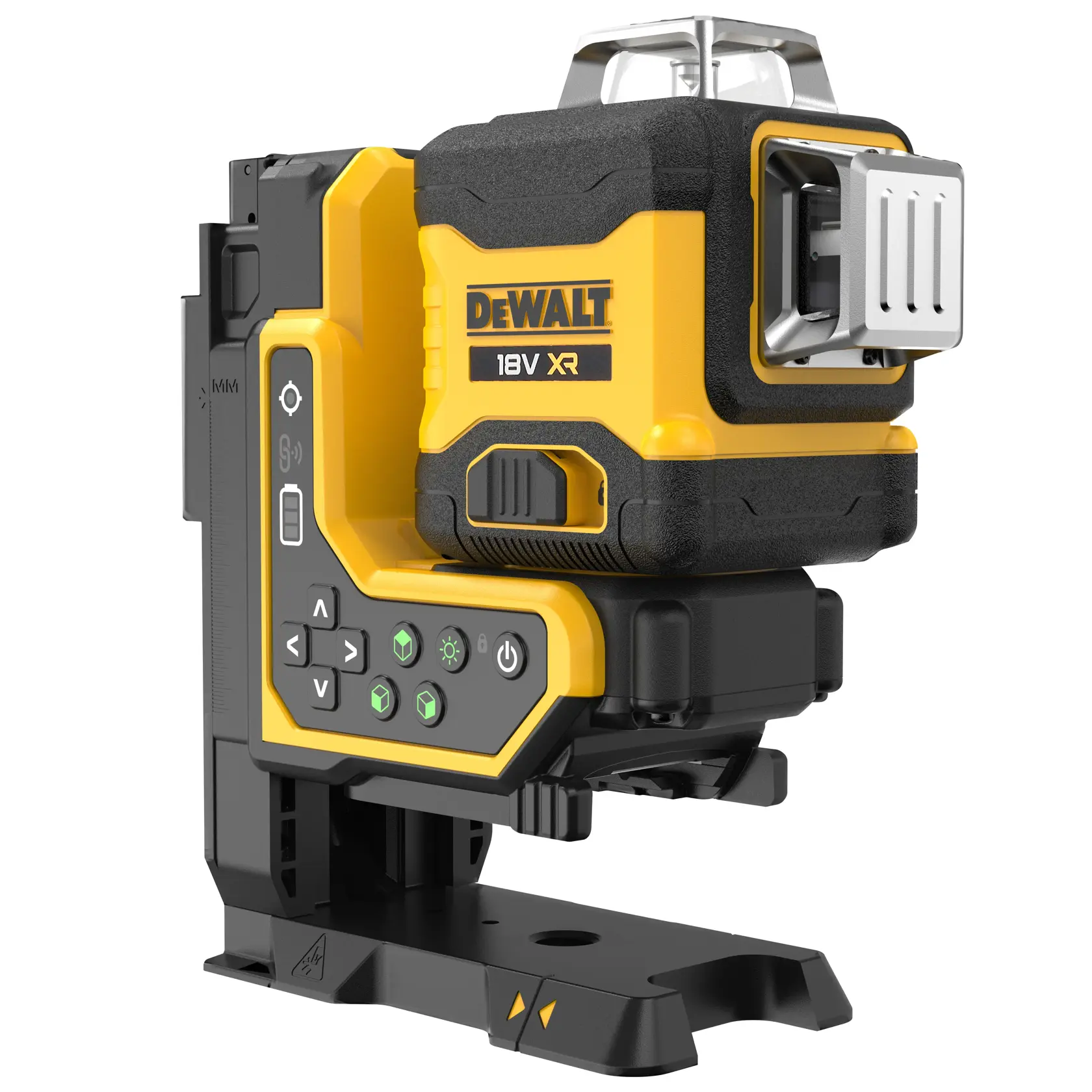 DEWALT 18V XR gelb-schwarzes Laser-Nivelliergerät mit Bedientasten und Standfuß dargestellt.
