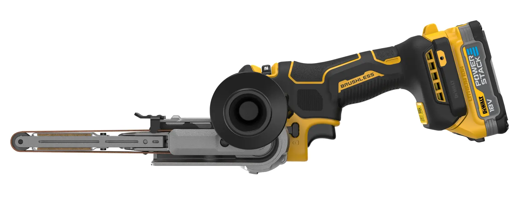 DEWALT cordless electric belt sander with ergonomic black and yellow handle and 18V battery.