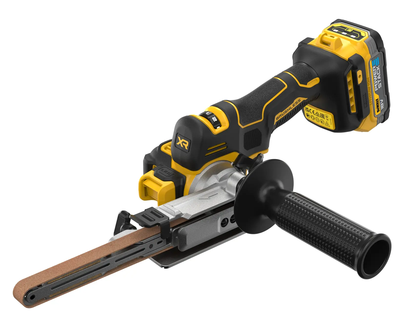 DEWALT cordless belt file with battery, ergonomic grip and handle for sanding or grinding.