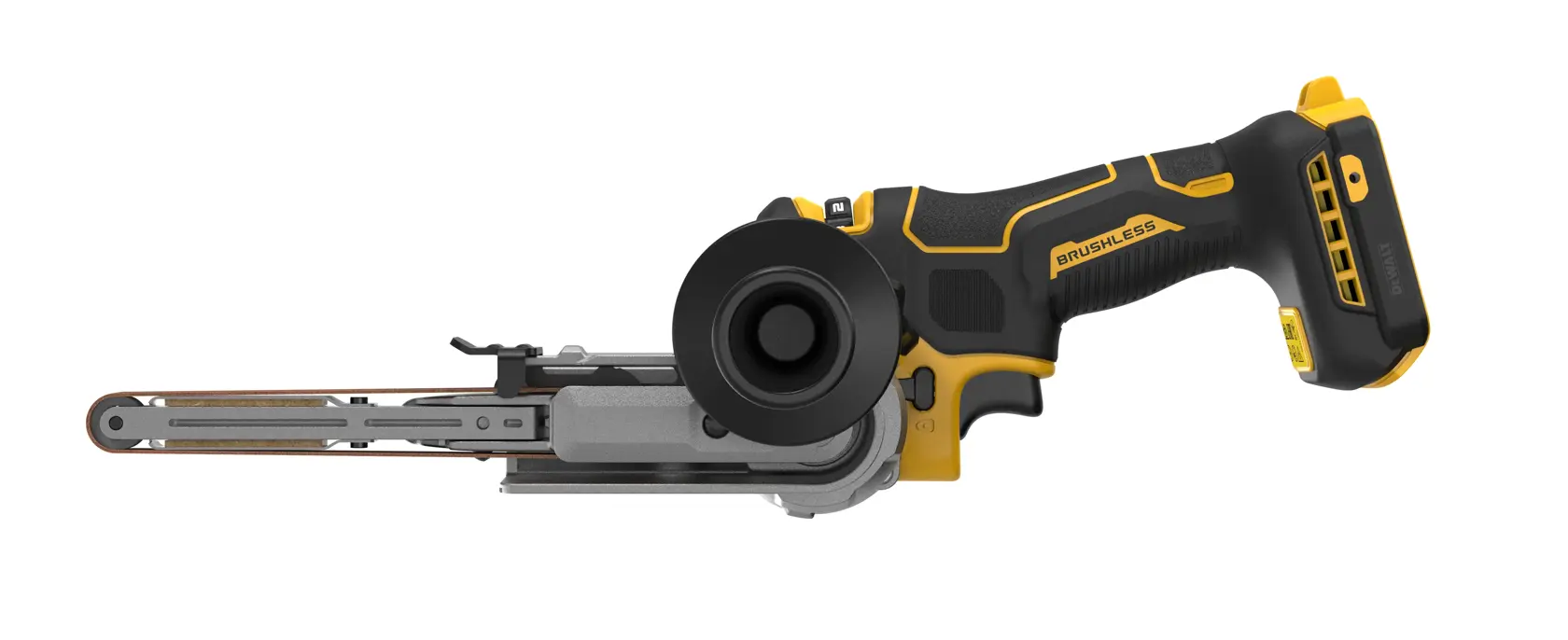 Lijadora de banda DEWALT inalámbrica con mango ergonómico y motor brushless sobre fondo blanco.