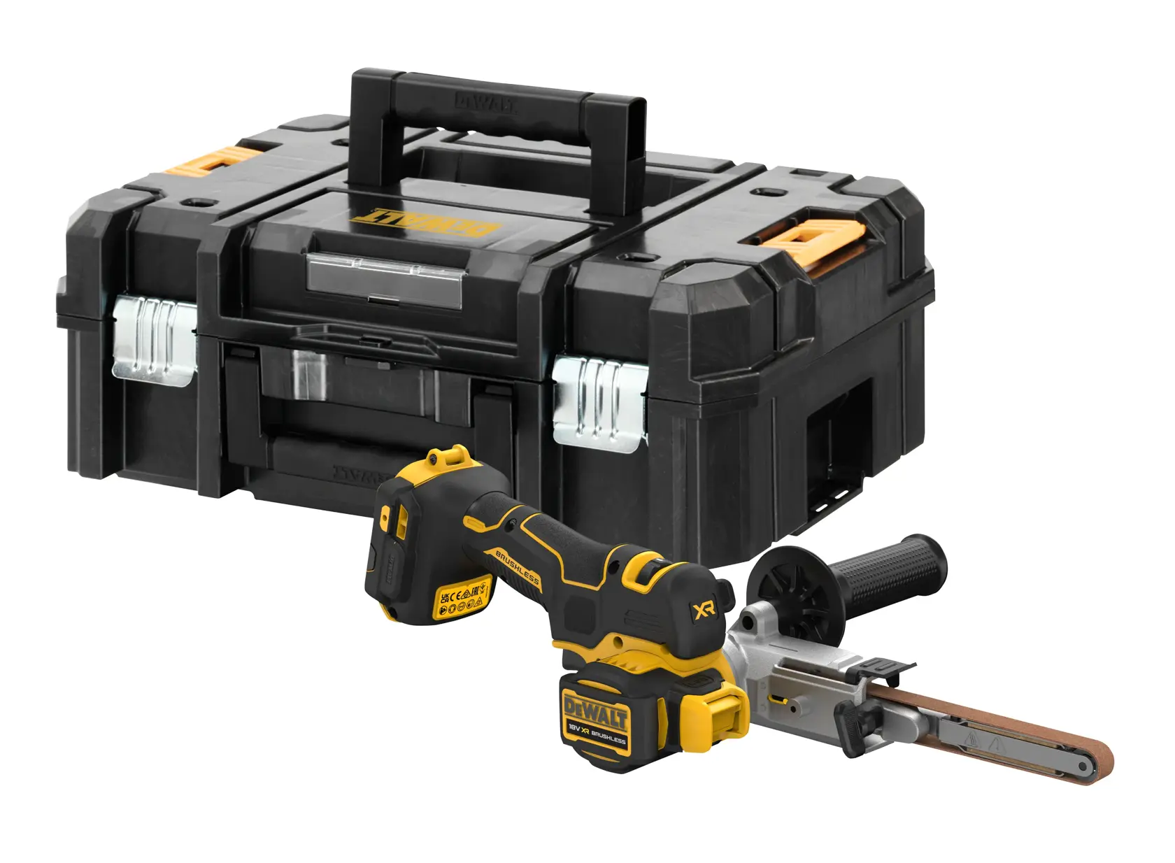 Lima inalámbrica DEWALT con caja negra. Amarilla y negra, adecuada para taller o lugar de trabajo.