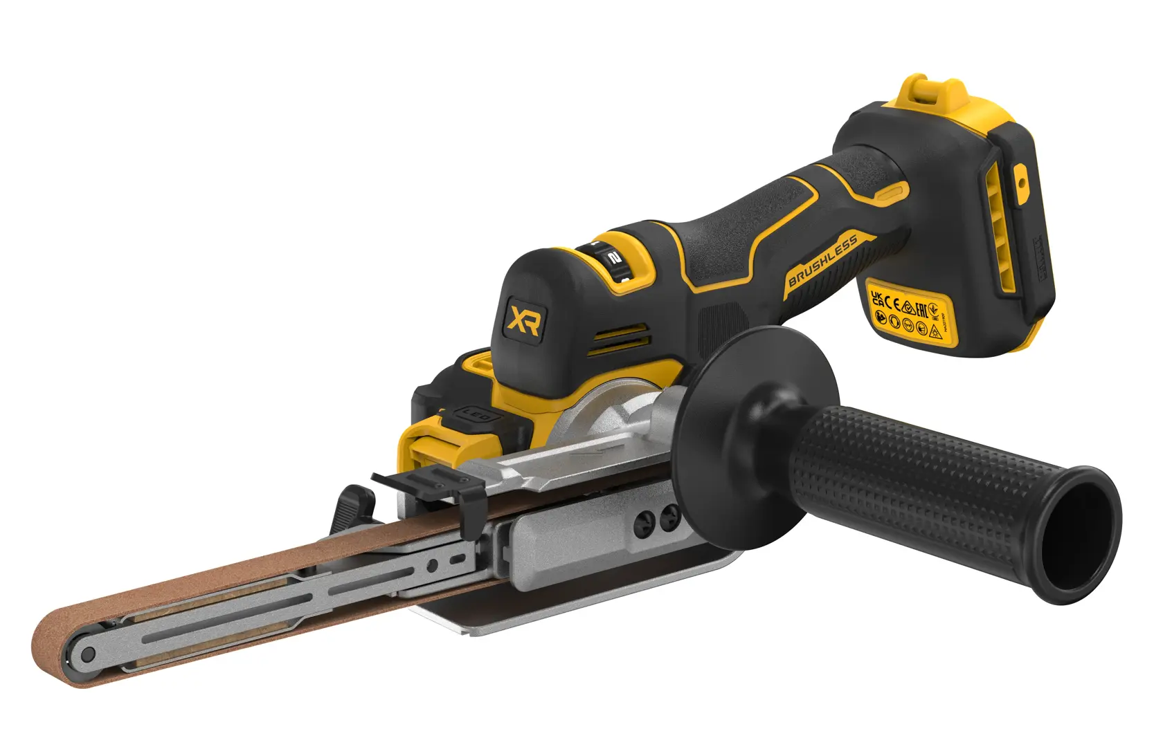 DEWALT cordless belt sander with black and yellow design, ergonomic handle and compact body.
