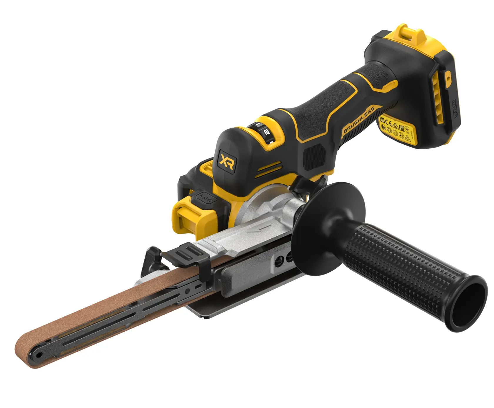 DEWALT cordless belt sander with black and yellow design, shown with handle and sanding belt attached.