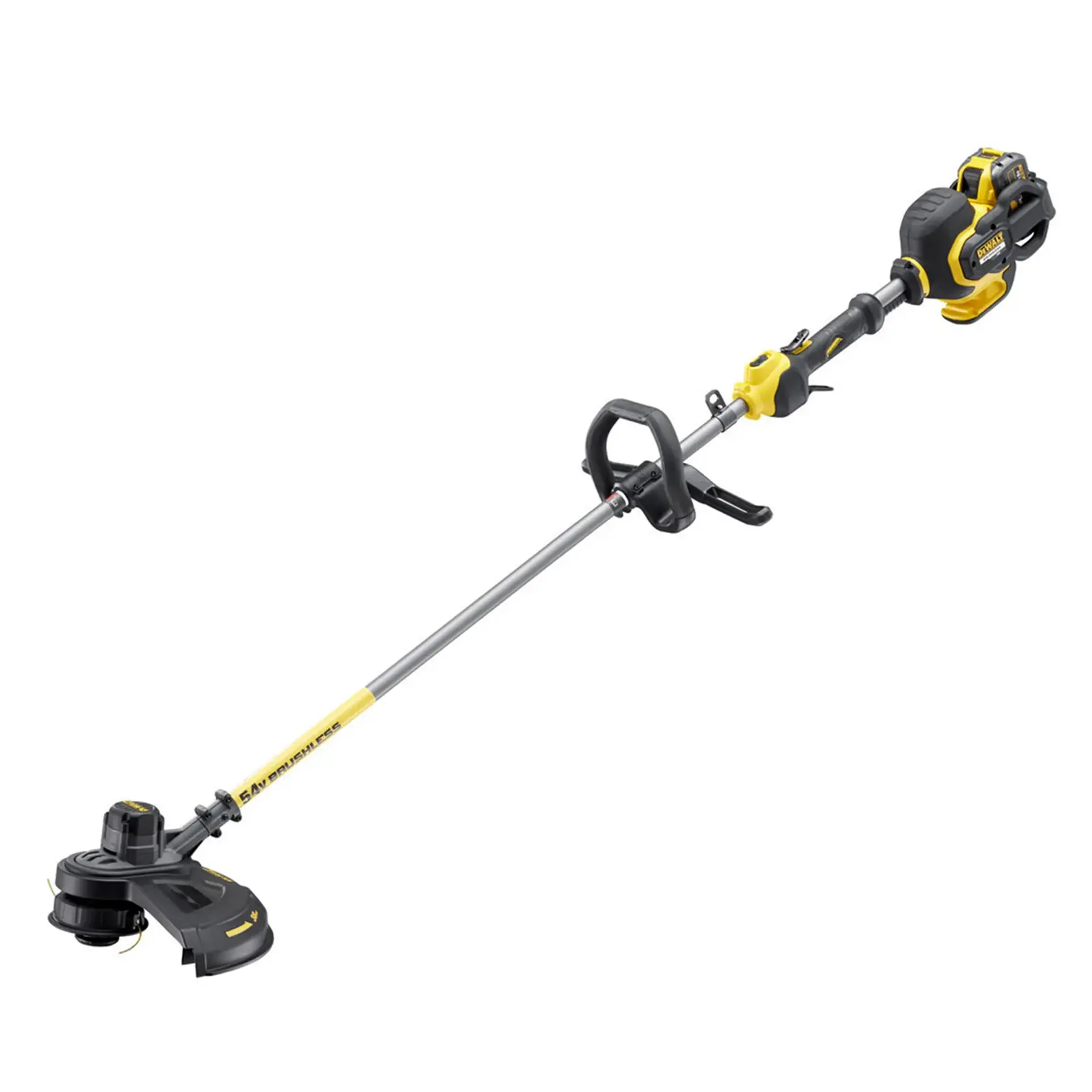 Una recortadora inalámbrica DEWALT con diseño amarillo y negro, eje metálico largo, mango y cabezal de corte.