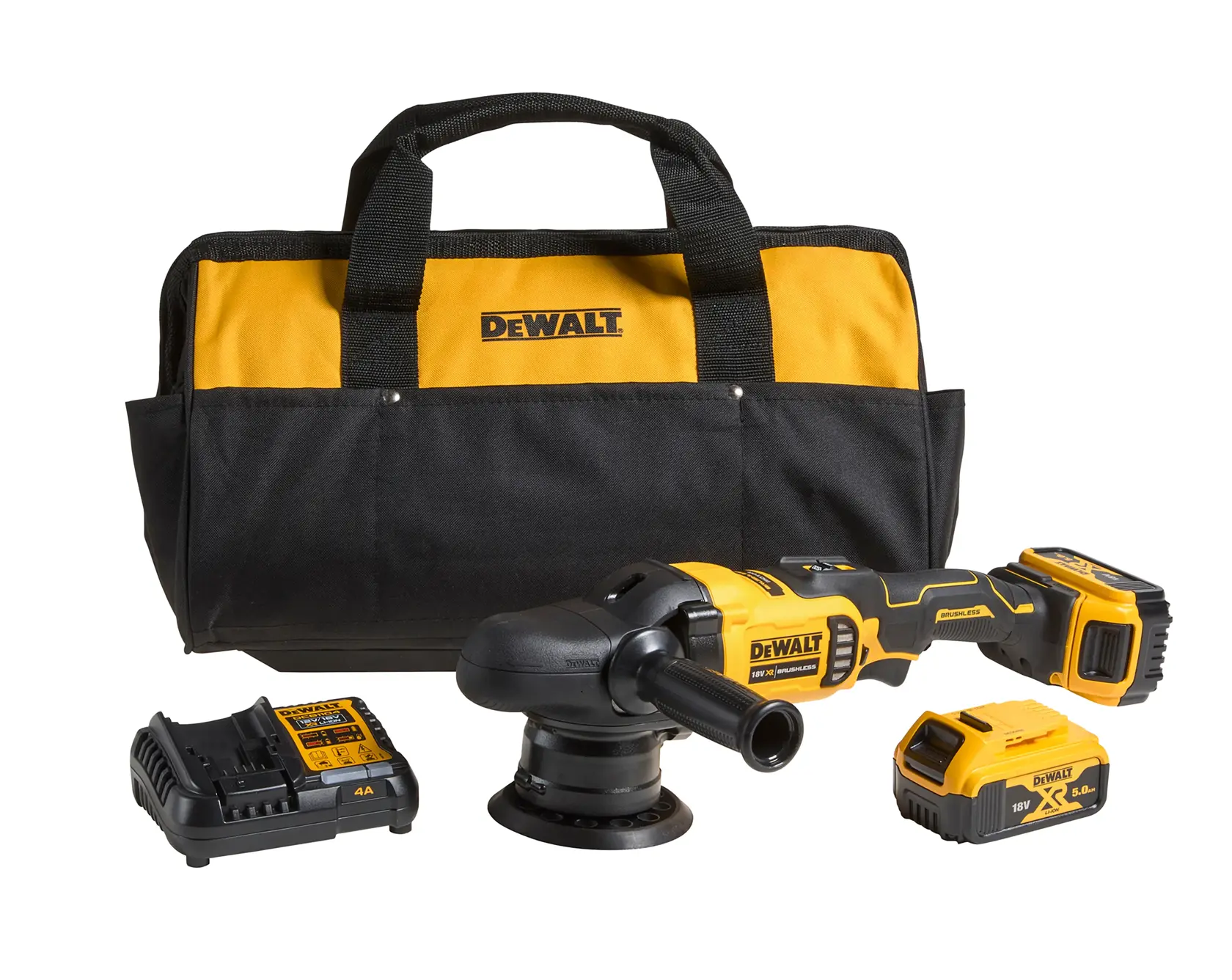 DEWALT cordless polisher kit with bag, battery, charger and tool. Yellow and black design.