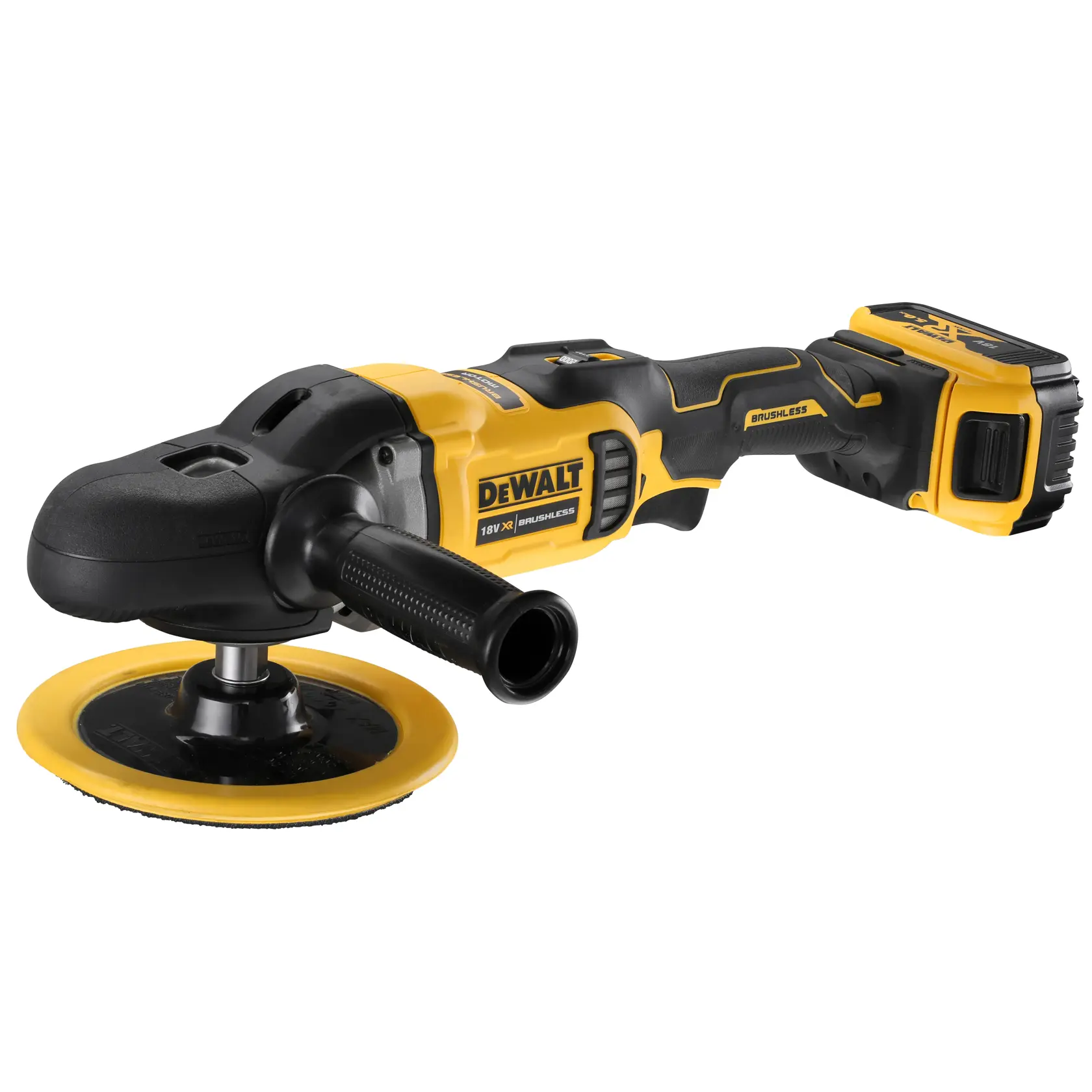 Pulidora inalámbrica DEWALT, motor sin escobillas, amarilla y negra, 18V, con batería.