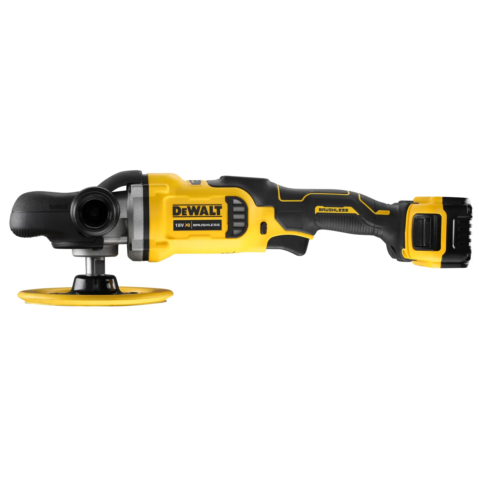 Pulidora inalámbrica DEWALT amarilla y negra con motor brushless y batería.