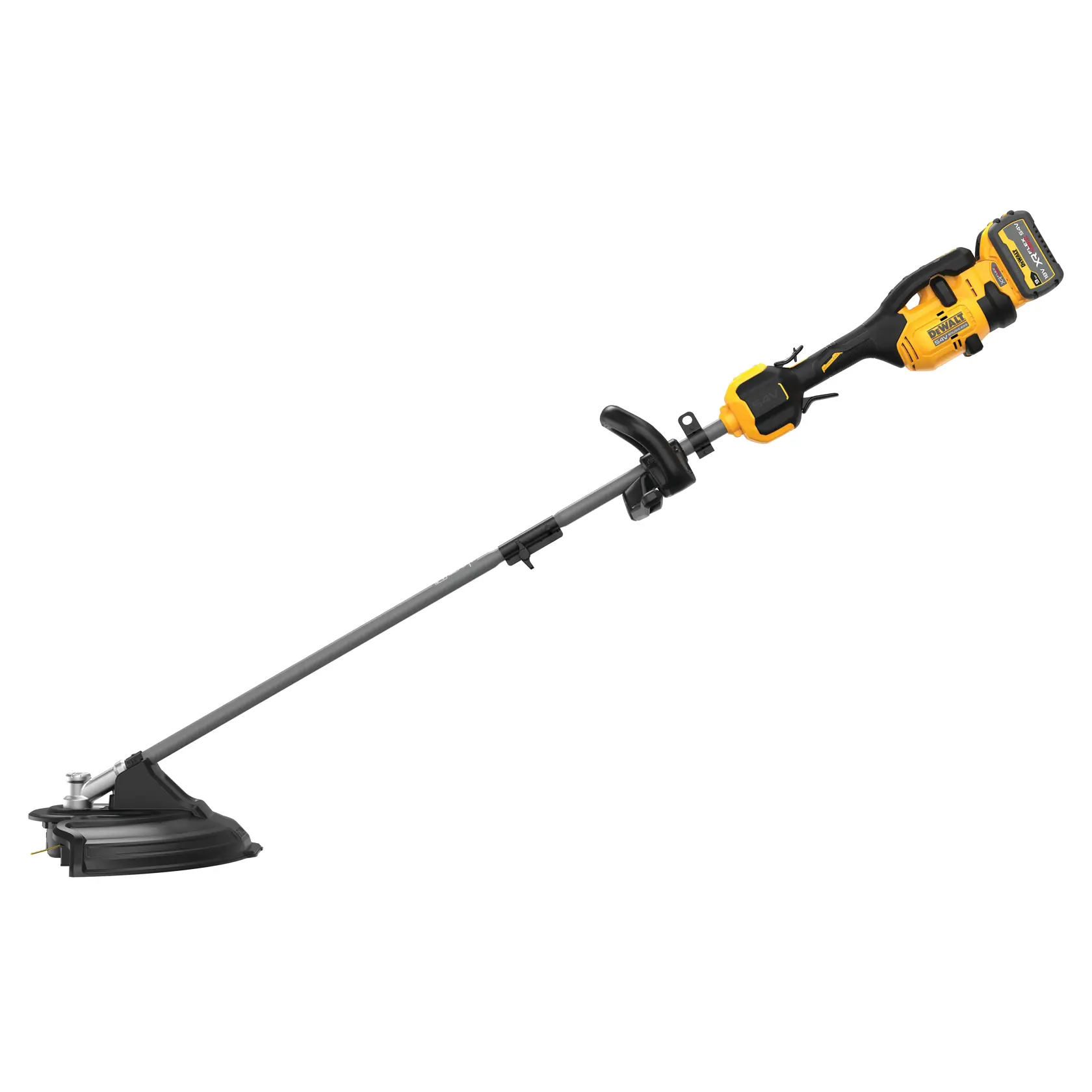 Recortadora de césped inalámbrica DEWALT amarilla y negra con un largo eje gris, mango negro y una batería en el extremo.