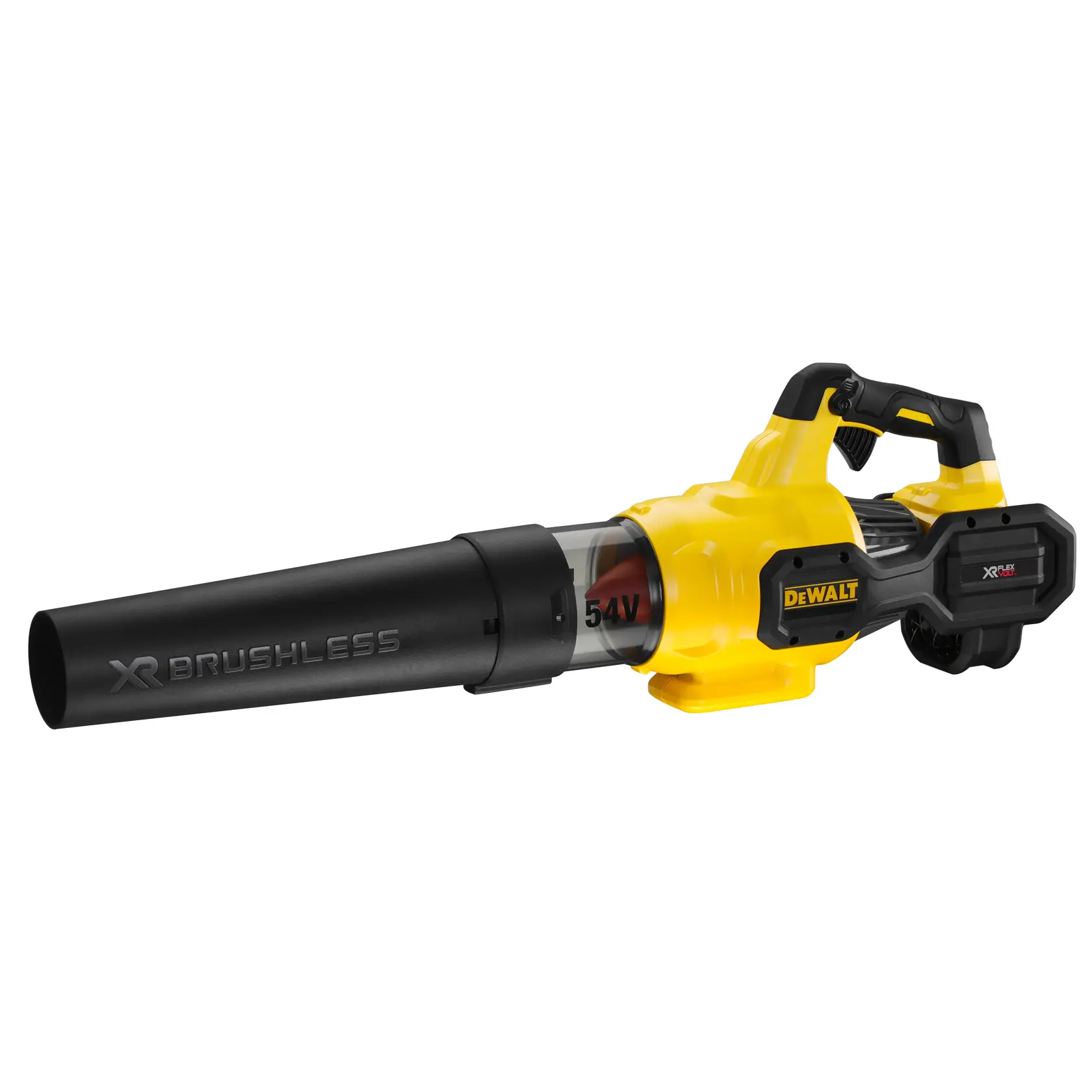 Soplador DEWALT 54V inalámbrico amarillo y negro con motor XR brushless, vista lateral.