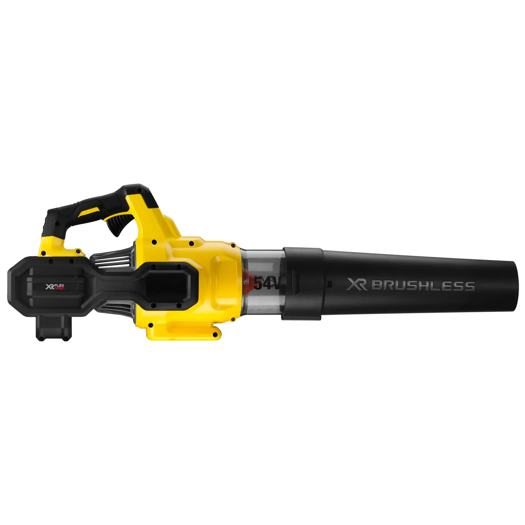 Soplador de hojas inalámbrico amarillo y negro con motor brushless, vista lateral sobre fondo blanco.