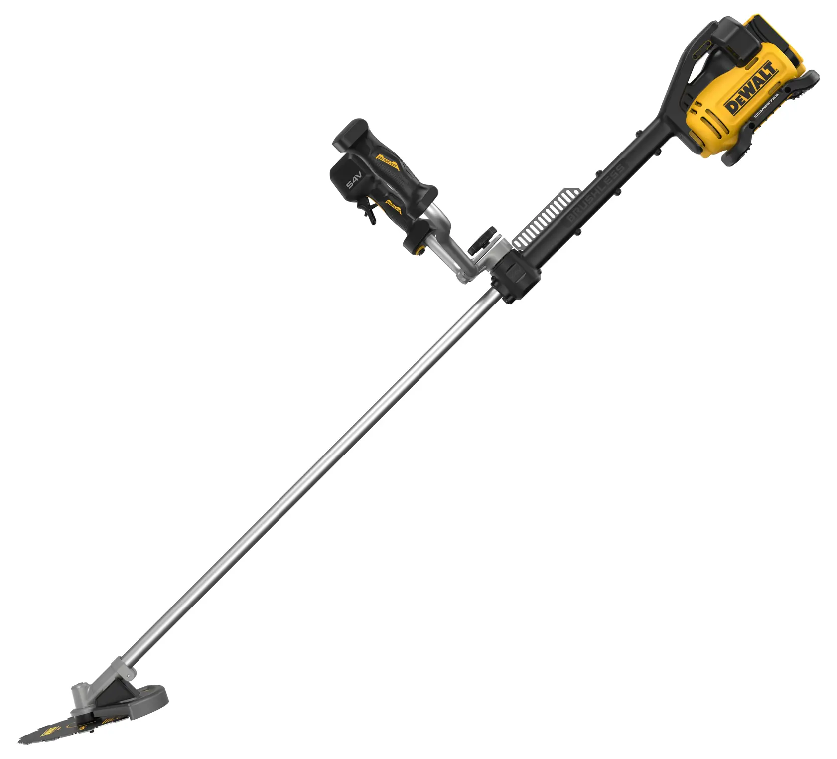 DEWALT brush cutter DCMBC723N-XJ, DCMBC723N for Photography. Long shaft, cordless, yellow and black tool.