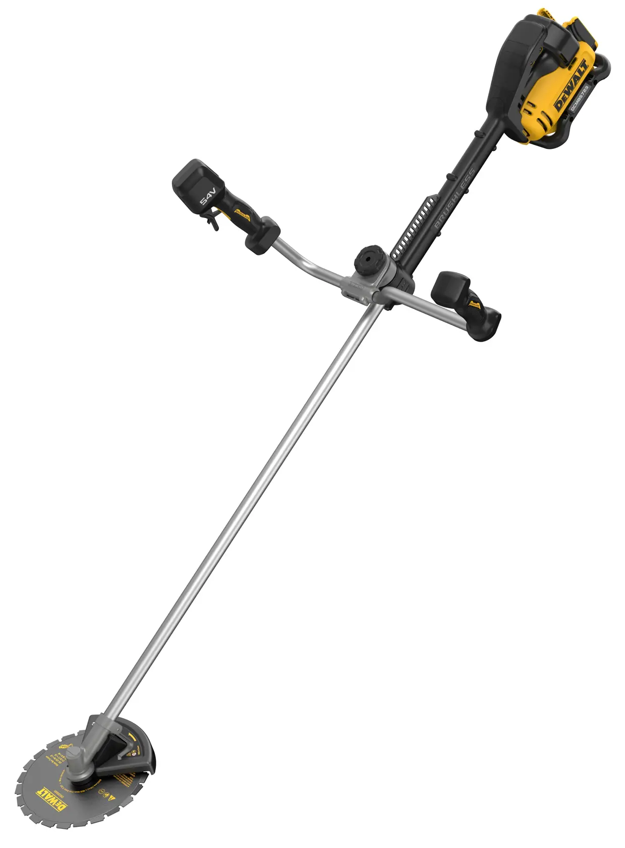 DEWALT brush cutter DCMBC723N-XJ, DCMBC723N. Long shaft, bicycle handle, yellow-black design.