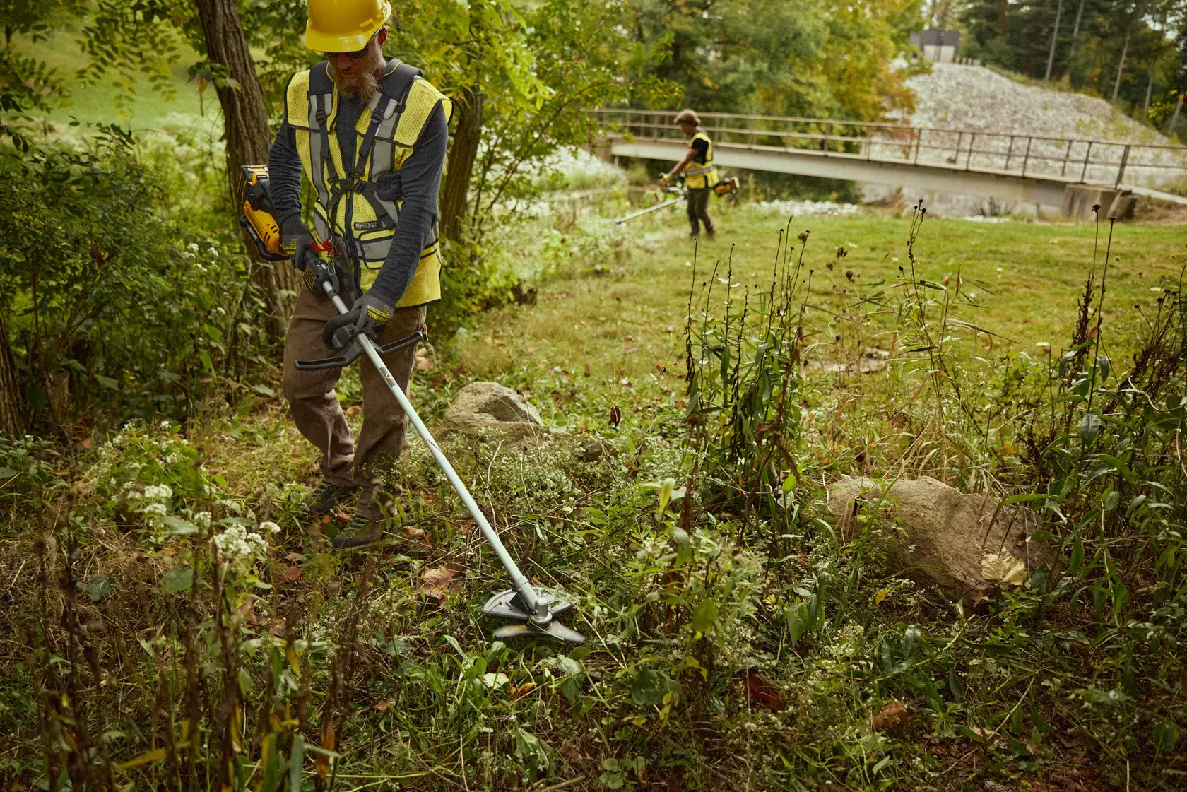 Two people using DEWALT DCMBC812N-XJ and DCMBC812N brush cutters outdoors, trimming grass near trees and a bridge.
