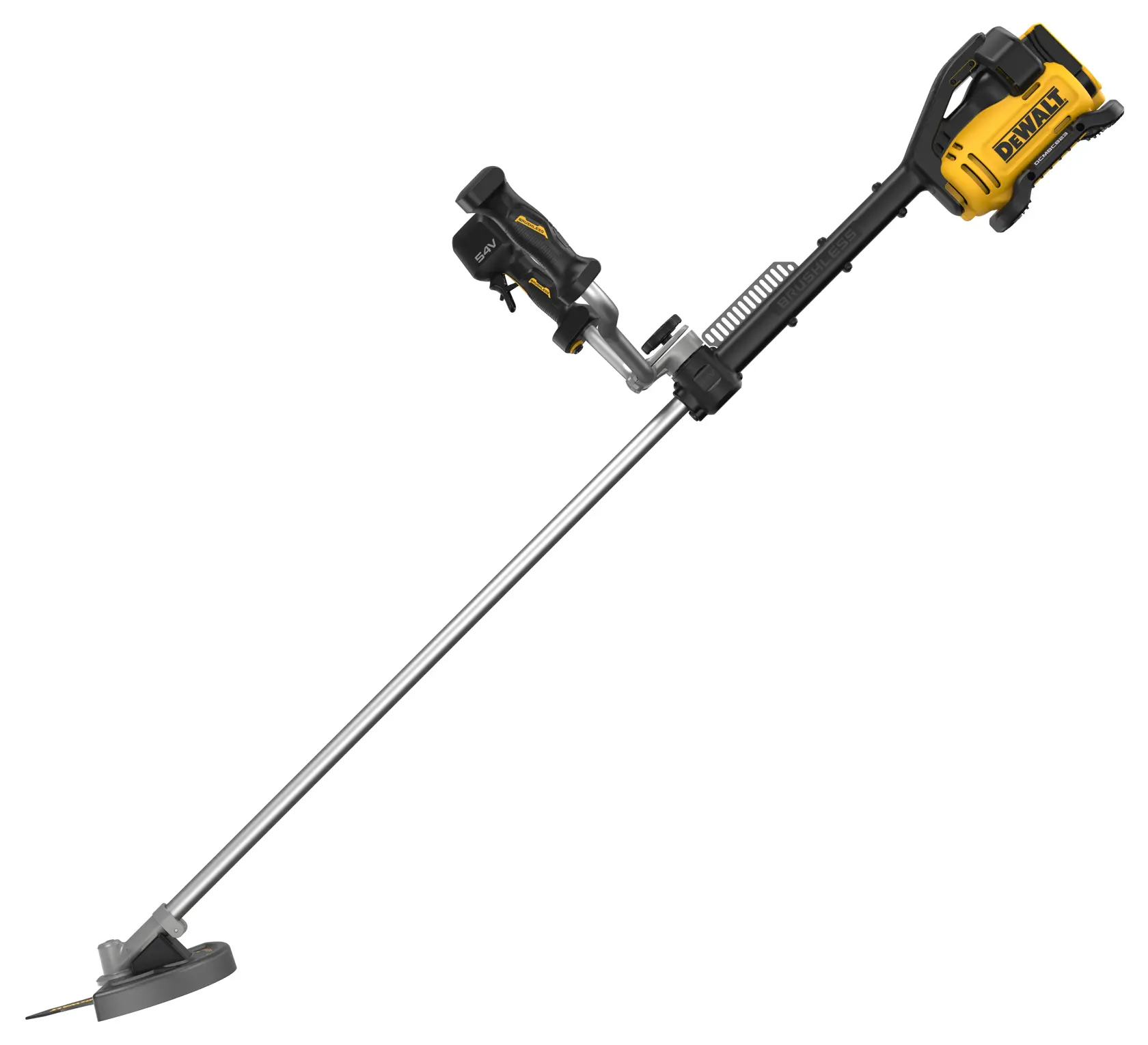 DEWALT cordless trimmer, DCMBC823N, DCMBC823N-XJ. Yellow and black gardening tool shown isolated.