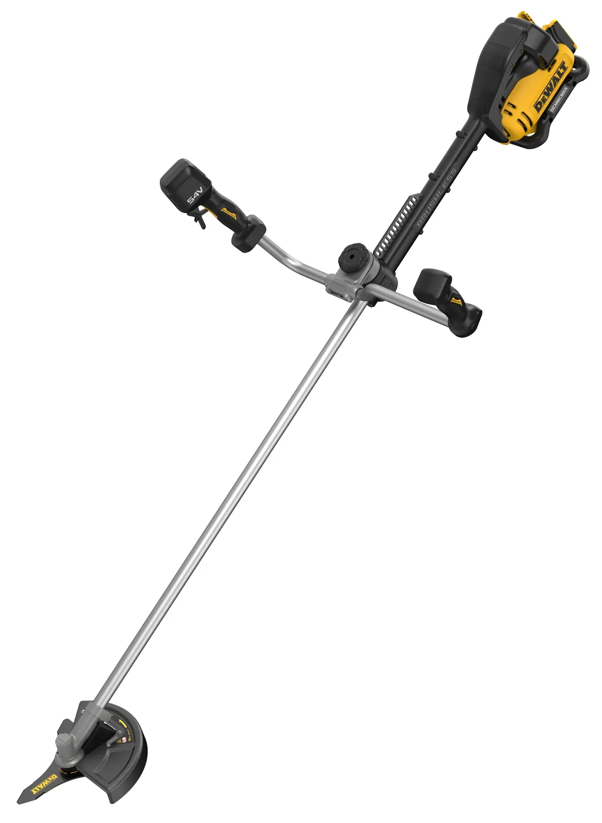 DEWALT grass trimmer, model DCMBC823N, DCMBC823N-XJ. Long handle and yellow/black motor unit.