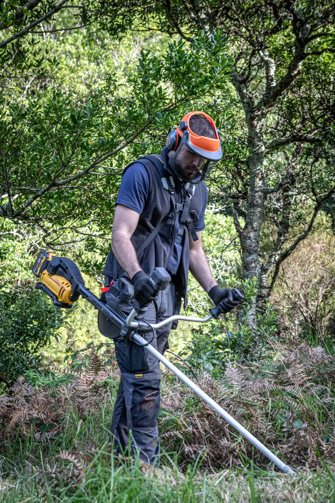 Person trimming grass with DEWALT DCMBC823N, DCMBC823N-XJ, wearing protective gear outdoors.