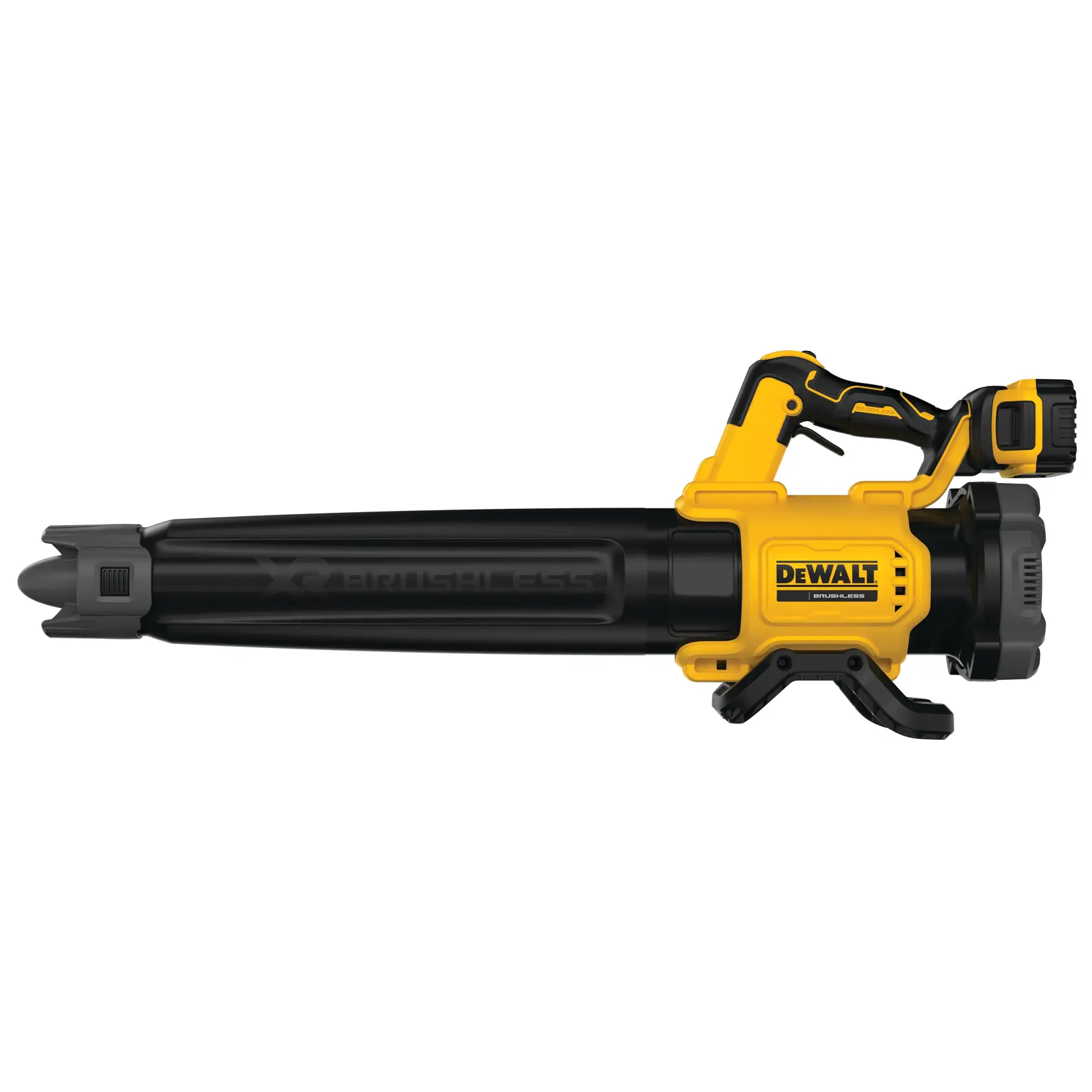 Soplador de hojas DEWALT inalámbrico, cuerpo amarillo y negro, batería arriba, vista lateral.