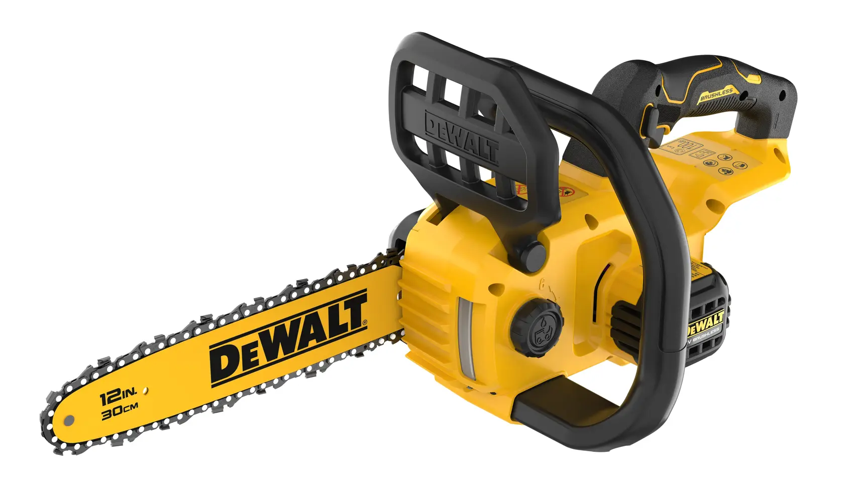 Motosierra DEWALT DCMCS565N, DCMCS565N-XJ mostrada. Amarillo-negro, barra 12''. Categoría fotografía.