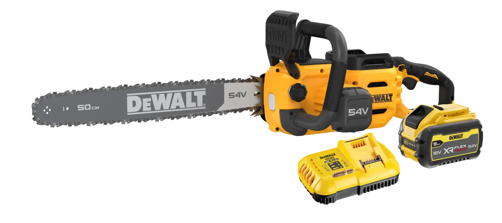 DEWALT 54V cordless chainsaw with battery and charger, yellow and black, shown on a white background.