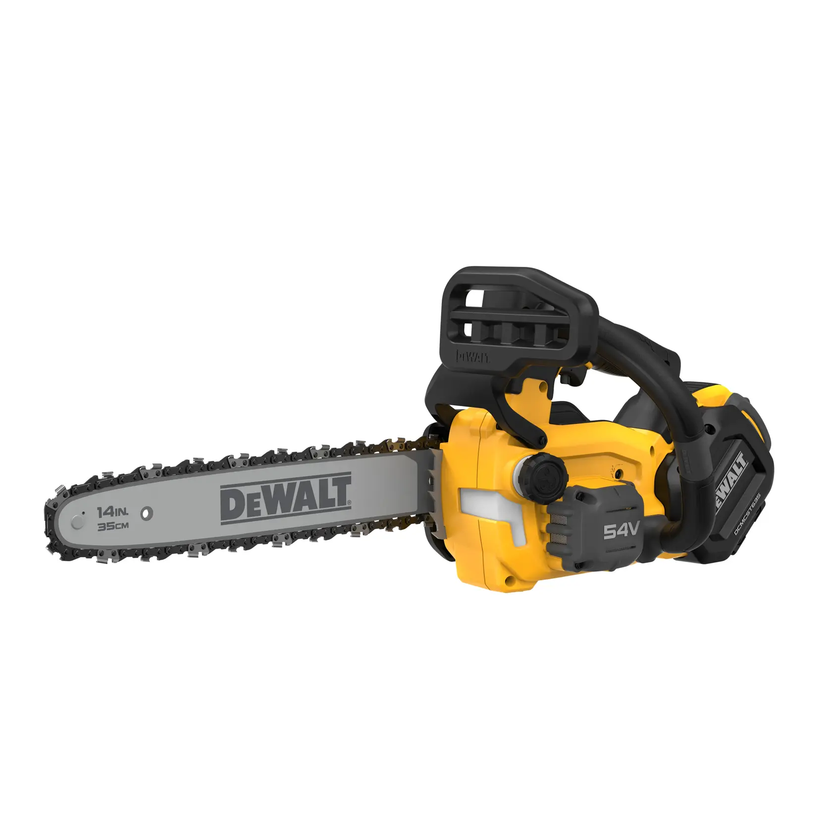 Motosierra inalámbrica DEWALT 54V, amarilla y negra, hoja de 14 pulgadas, en fondo blanco.