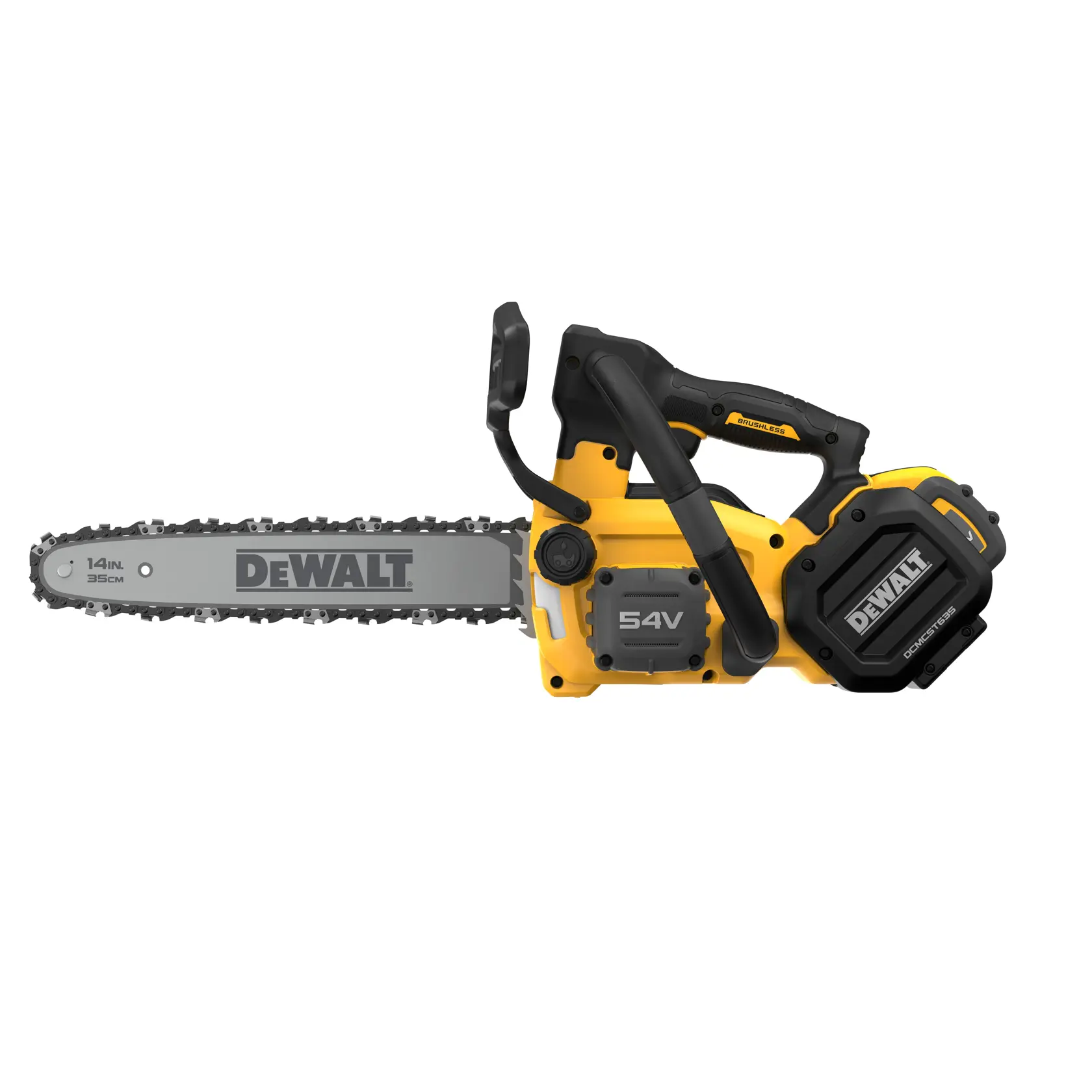 Motosierra inalámbrica DEWALT 54V con barra de 35cm, amarilla y negra, ideal para cortar madera afuera.