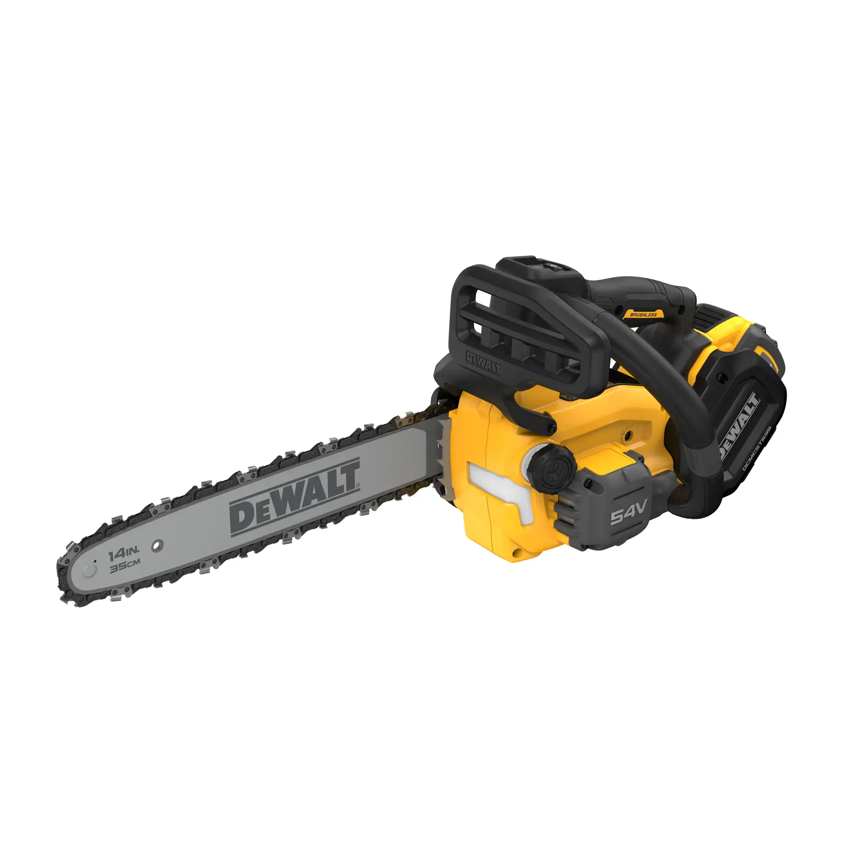 Motosierra DEWALT inalámbrica con hoja de 14 pulgadas, diseño amarillo y negro, para cortar madera.
