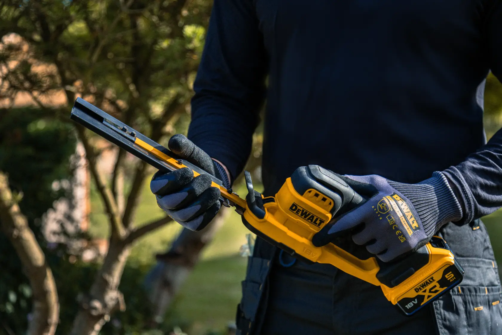 DEWALT hedge trimmer, yellow and black. SKUs: DCMHT520N-XJ, DCMHT520N. Product category: Photography.