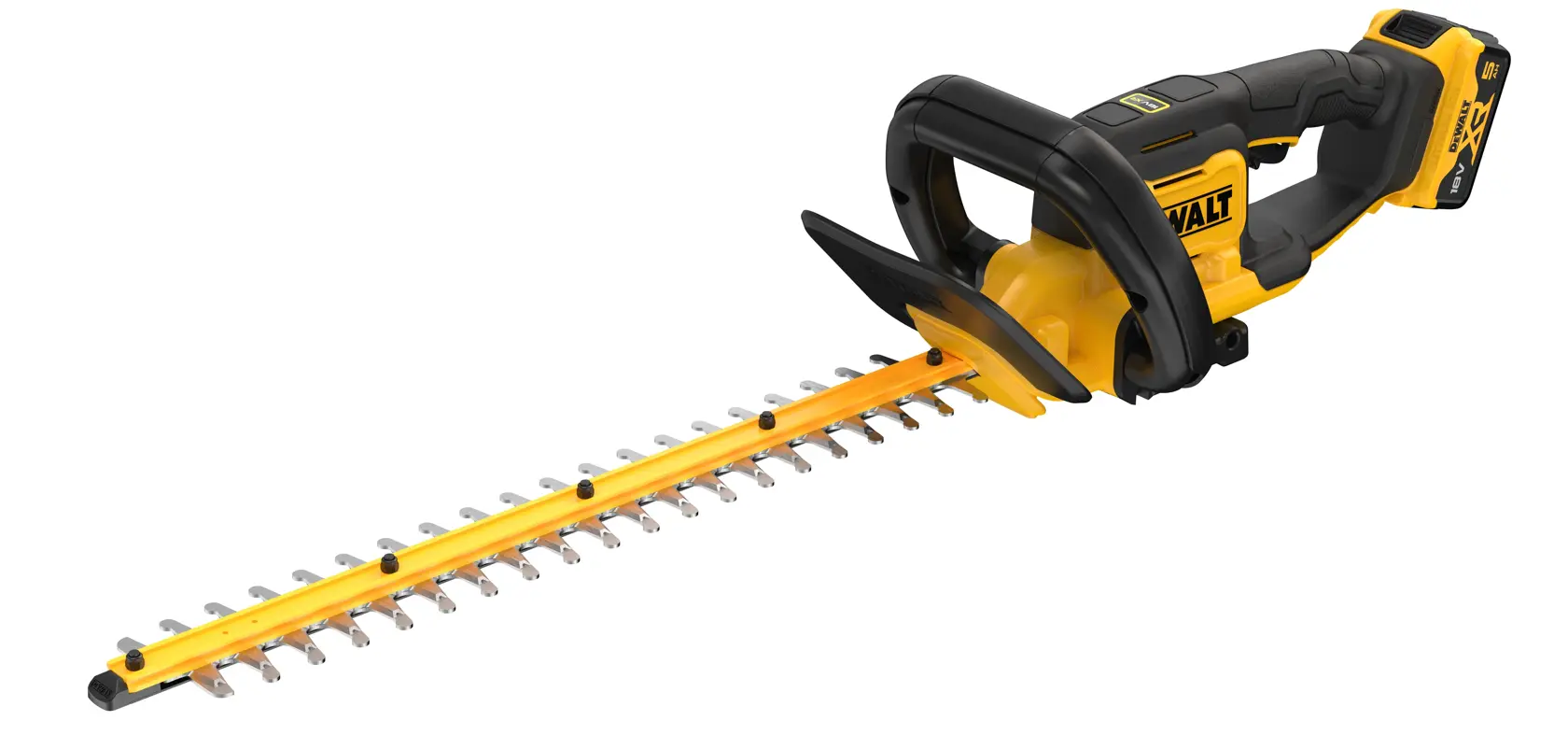 Yellow and black cordless hedge trimmer with rechargeable battery and ergonomic handle, shown on a white background.
